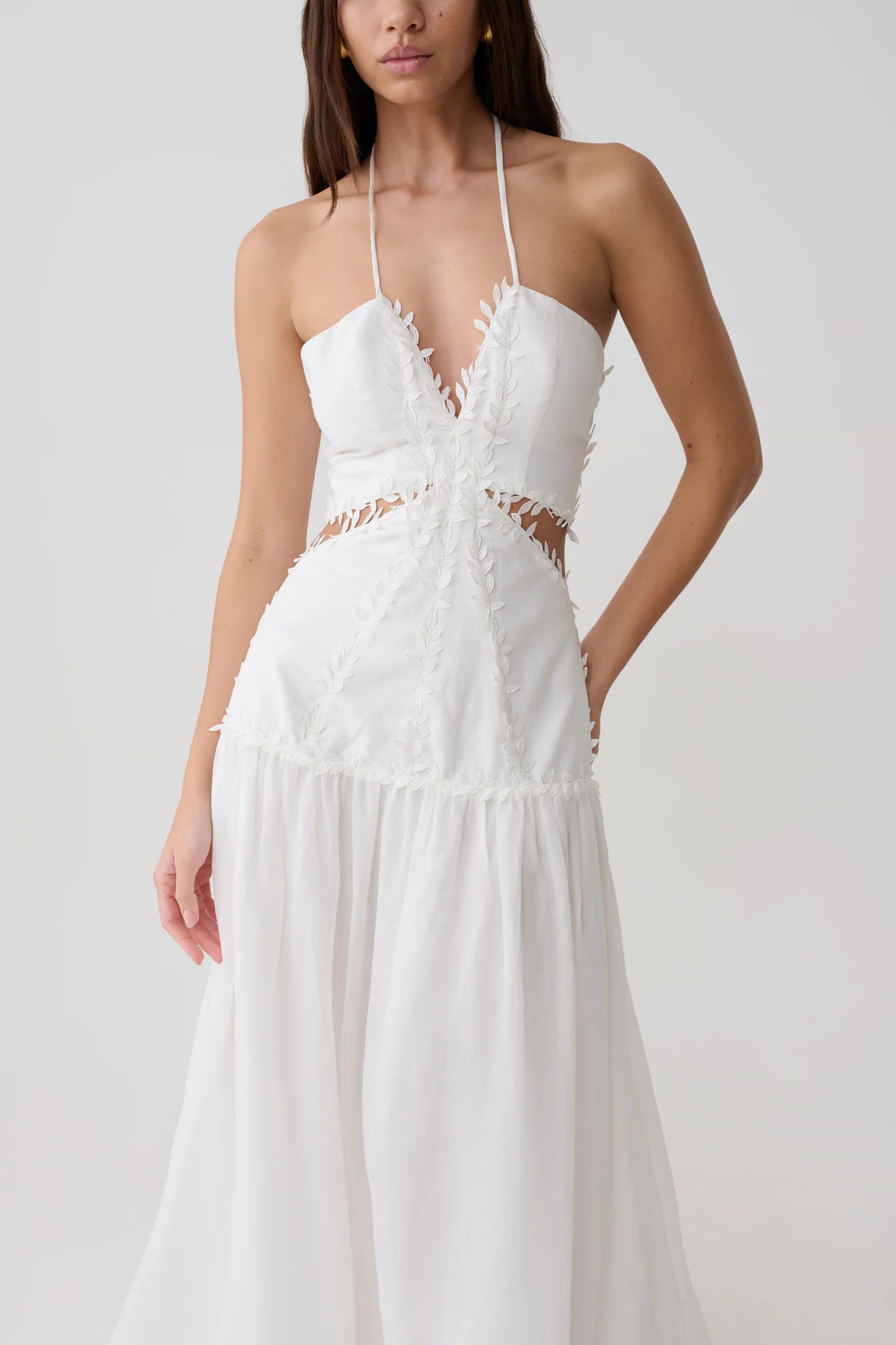 Linen Halter Maxi Dress - White - Image 3