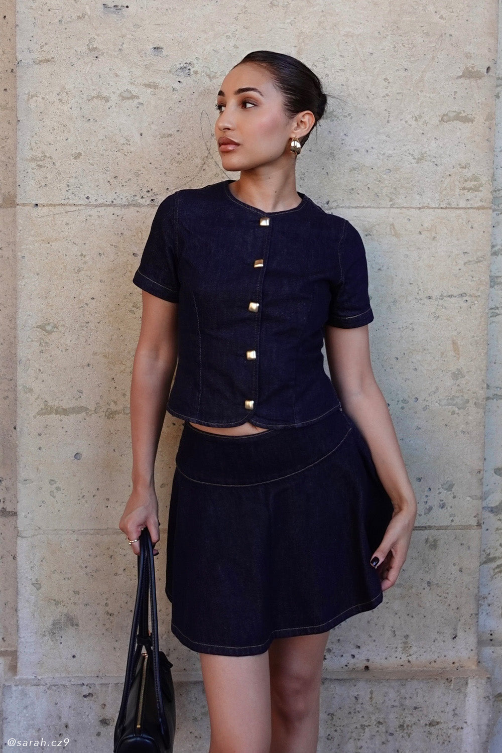 Bethany Short Sleeve Buttoned Denim Top - Washed Indigo Blue - Image 7