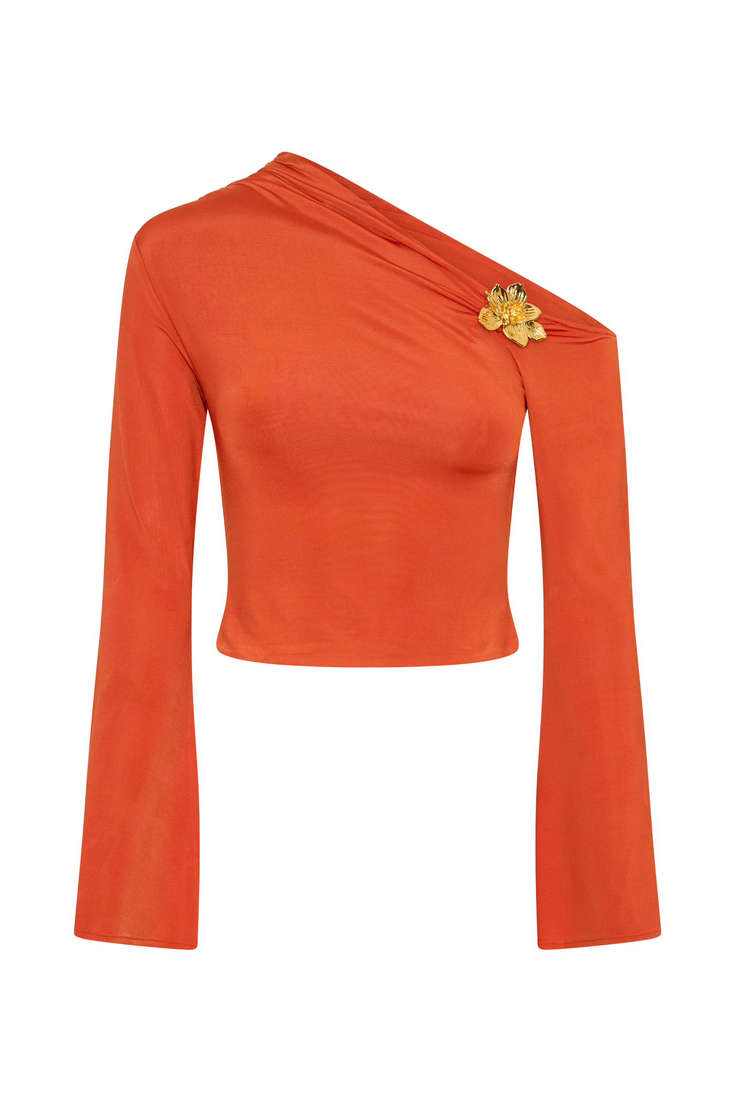 Ainsley Asymmetrical Long Sleeve Top With Floral Hardware - Burnt Orange - Image 8