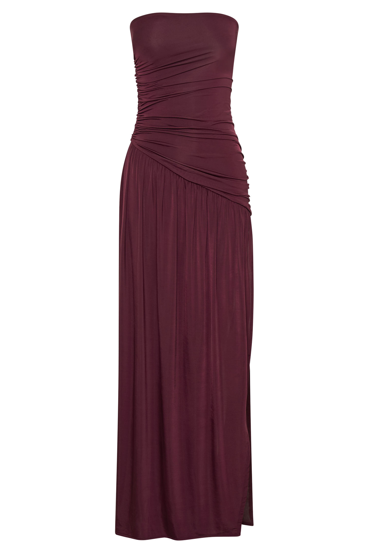 Bex Strapless Slinky Maxi Dress With Split - Burgundy - Image 6