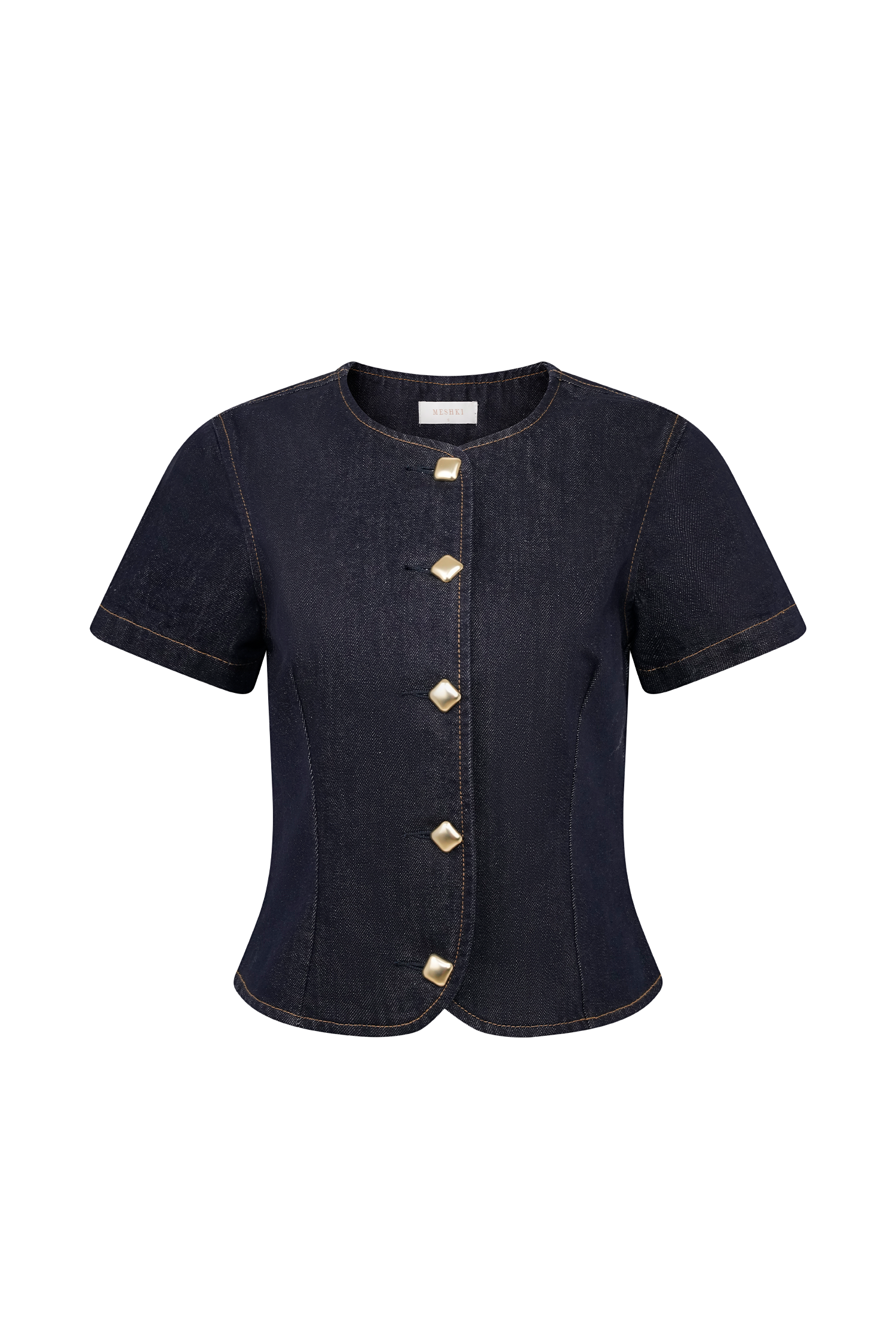 Bethany Short Sleeve Buttoned Denim Top - Washed Indigo Blue - Image 10