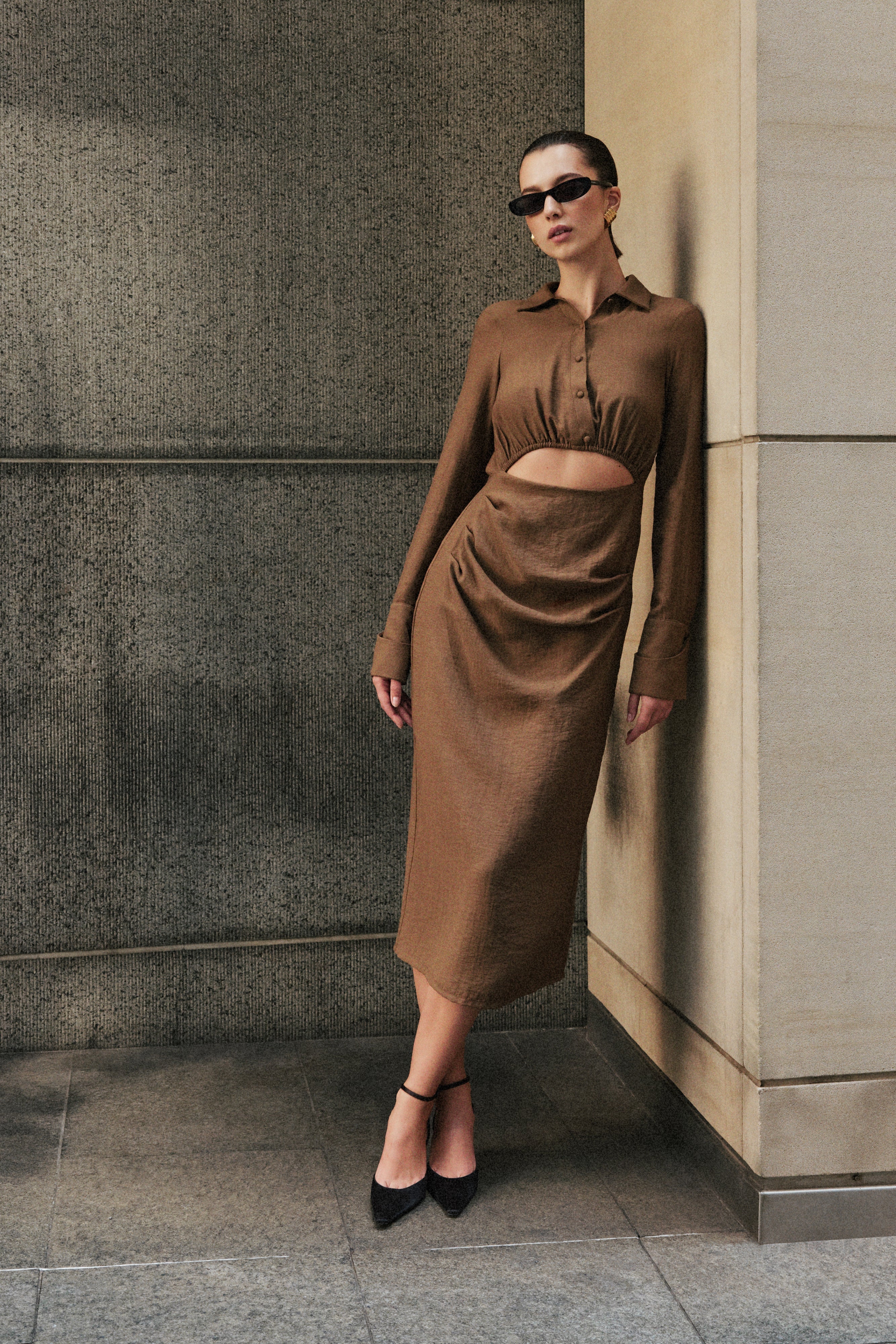Cecilie Cut Out Shirt Midi Dress - Dark Chocolate - Image 6