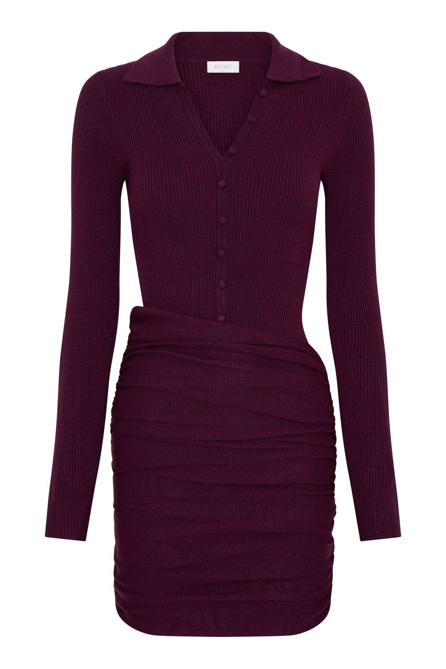 Agness Long Sleeve Button Up Knit Dress - Plum - Image 9