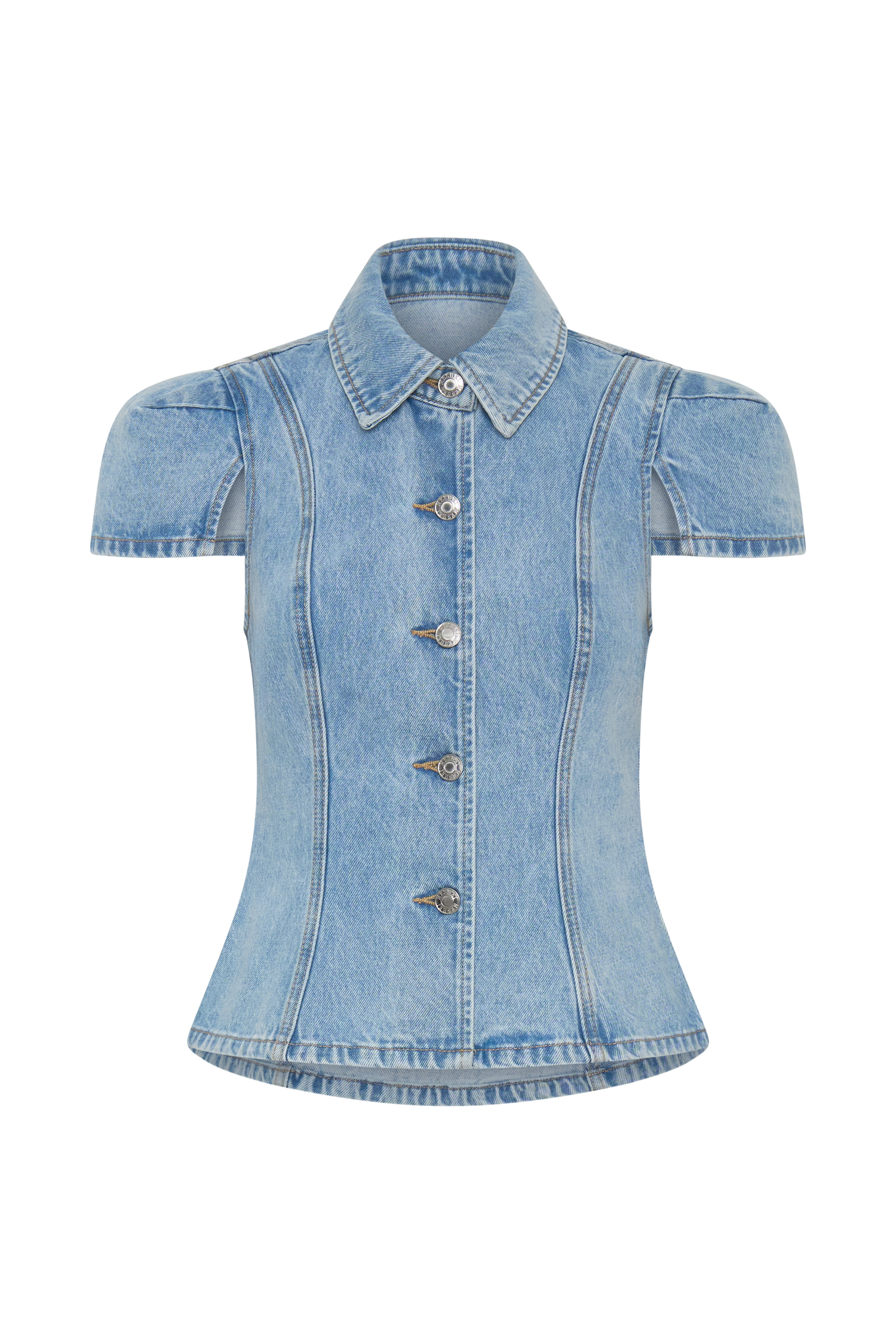 Bently Short Sleeve Denim Top - Washed Light Blue - Image 6