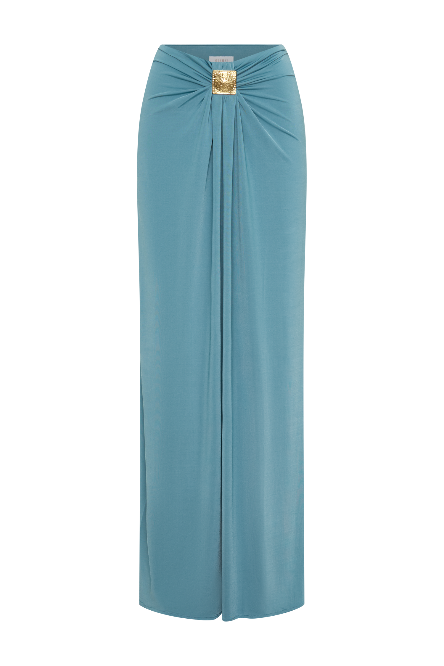 Erina Slinky Ruched Maxi Skirt With Hardware - Teal - Image 7