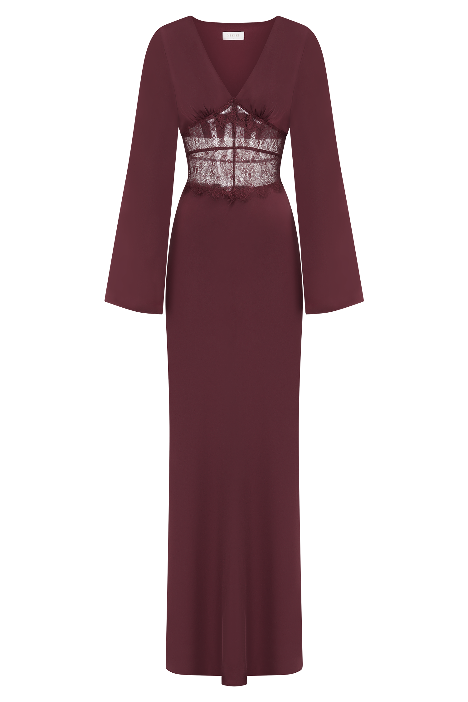 Kaya Long Sleeve Satin And Mesh Maxi Dress - Wine - Image 8