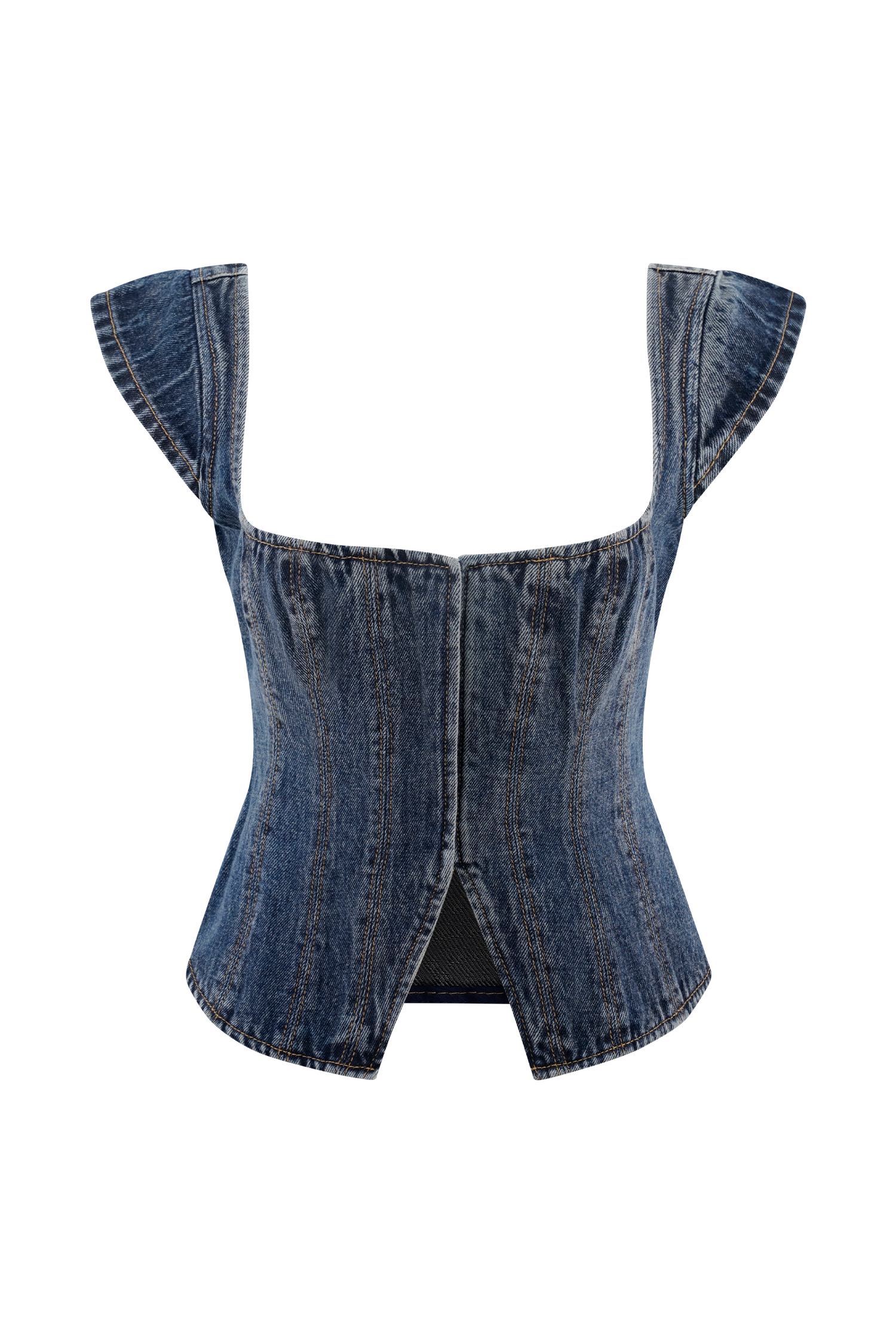 Loretta Cap Sleeve Denim Top - Washed Dark Blue - Image 9