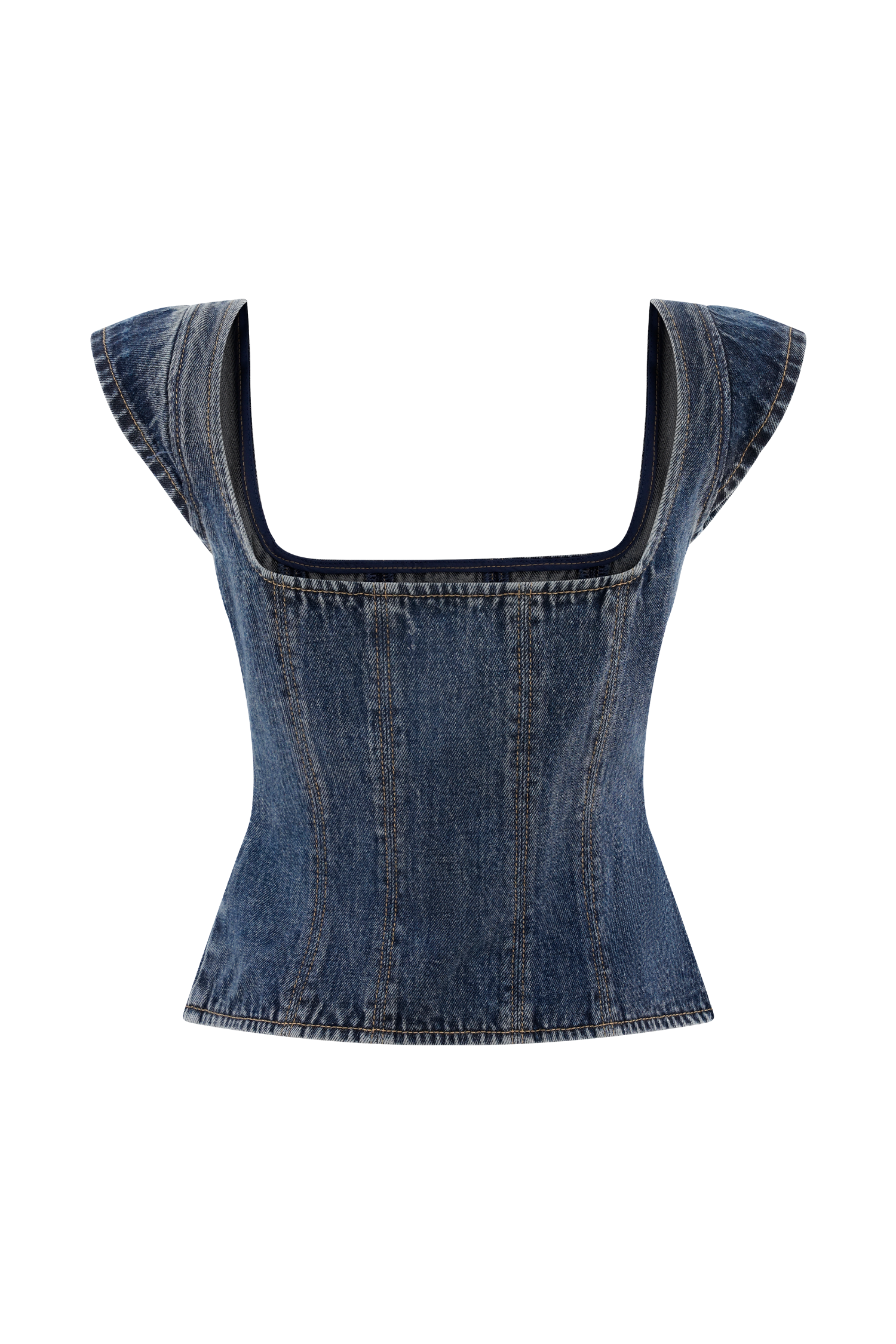 Loretta Cap Sleeve Denim Top - Washed Dark Blue - Image 8