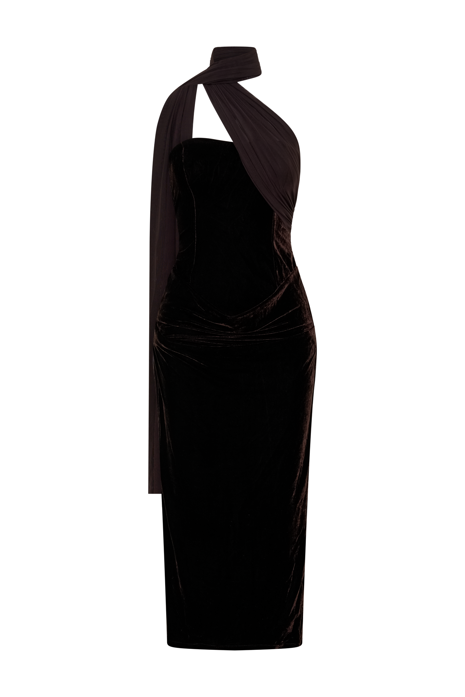 Mattea Velvet Midi Dress With Scarf - Chocolate - Image 7