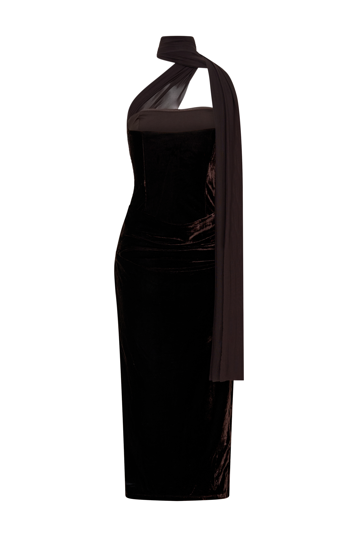 Mattea Velvet Midi Dress With Scarf - Chocolate - Image 6