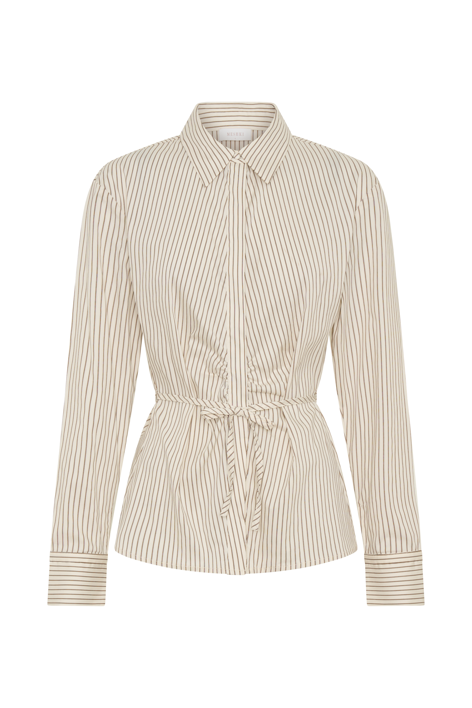 Millie Tie Back Cotton Shirt - Beige Pinstripe - Image 11