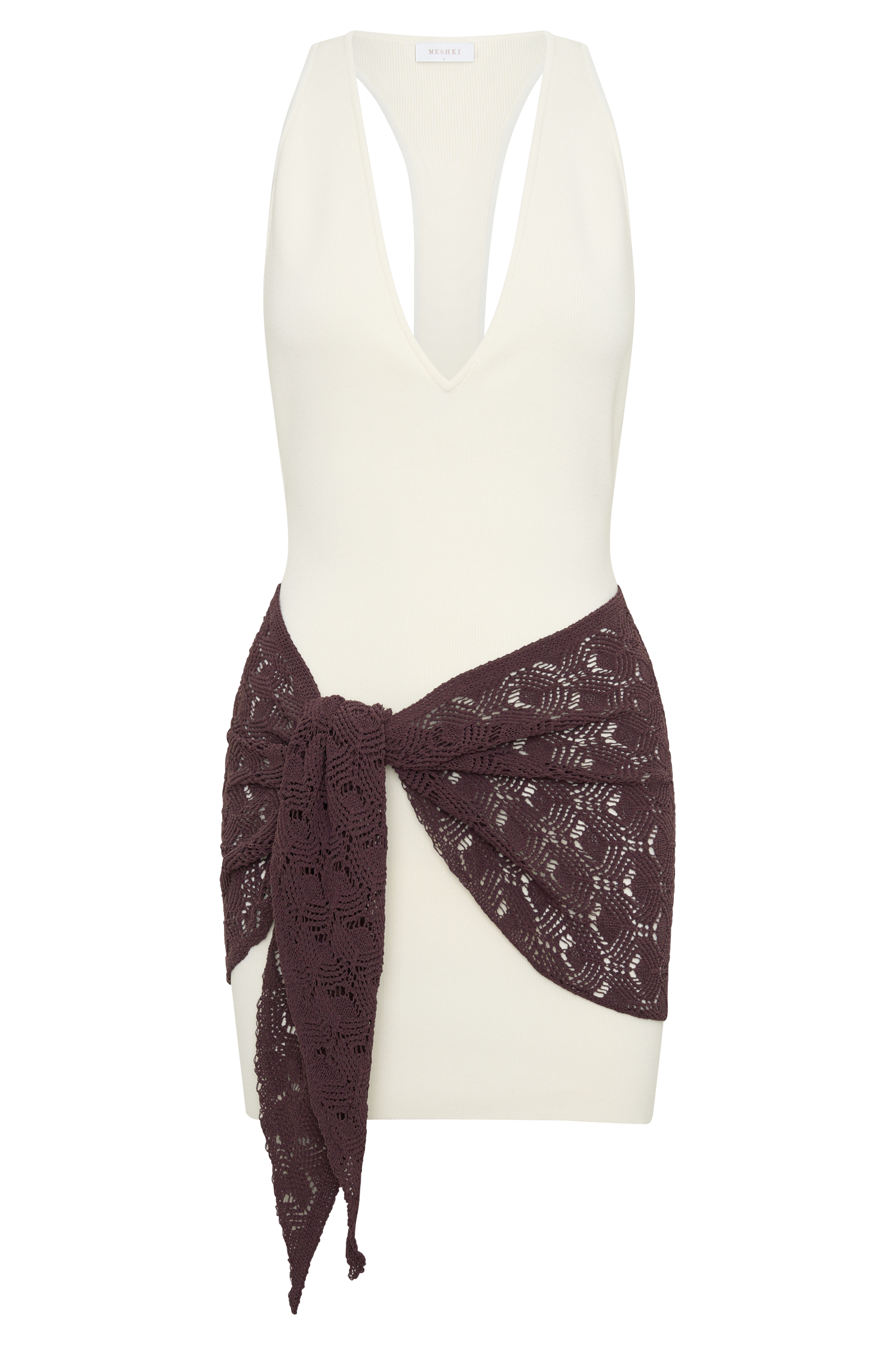 Mollie Mini Dress With Crochet Overlay - White/Chocolate - Image 7