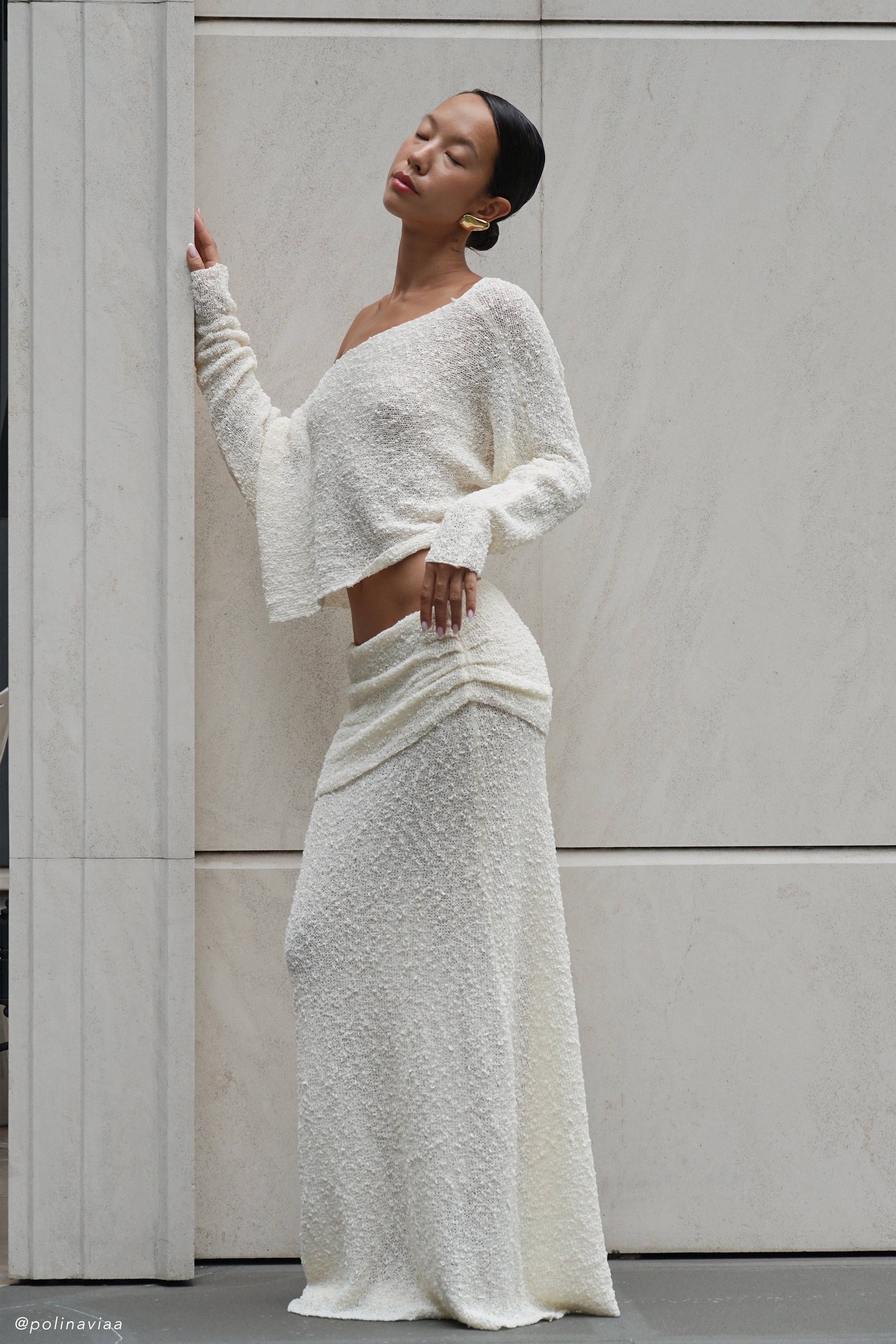 Petra Ruched Knit Maxi Skirt - Ivory - Image 3