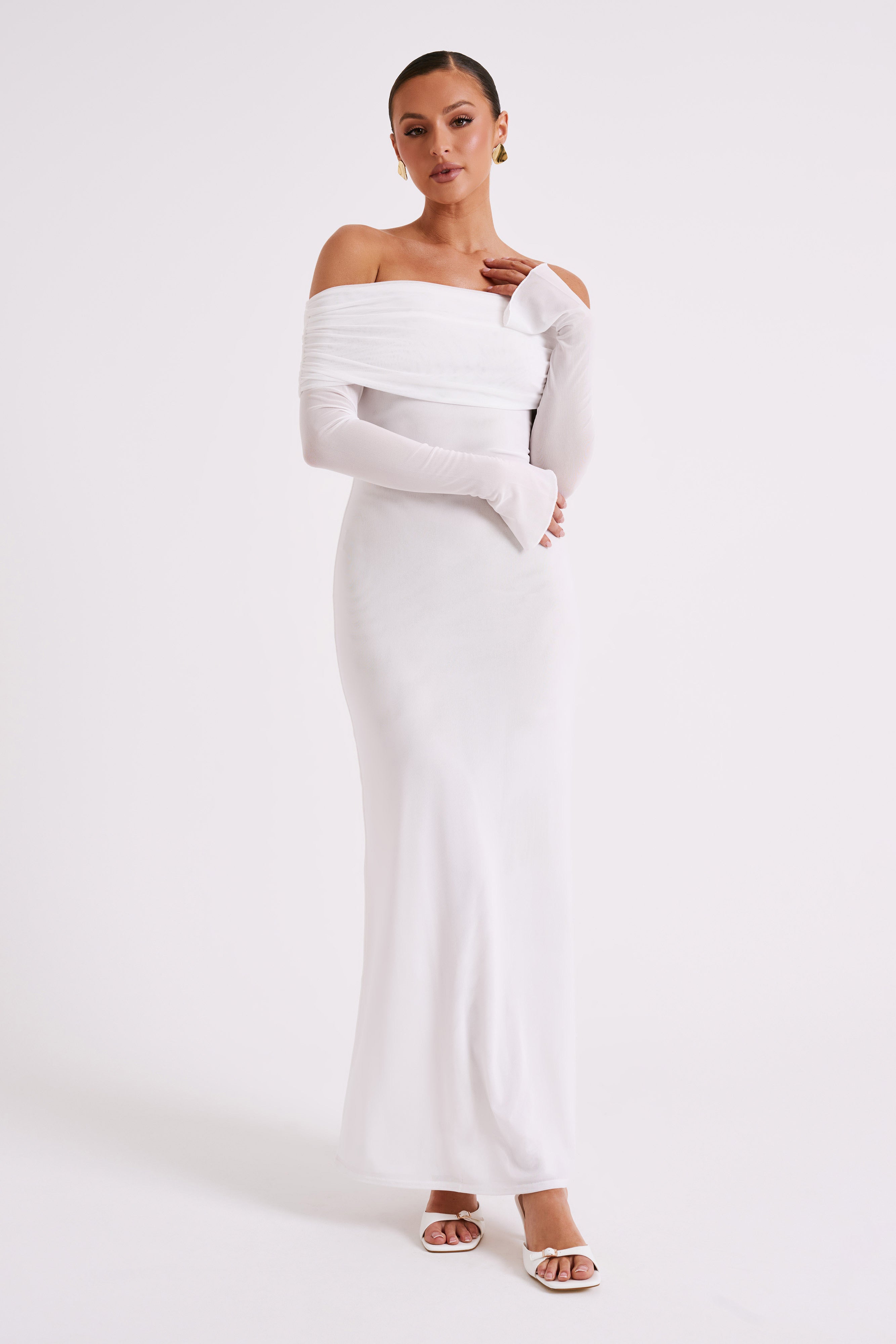 Josie Off Shoulder Mesh Maxi Dress - Ivory - Image 6