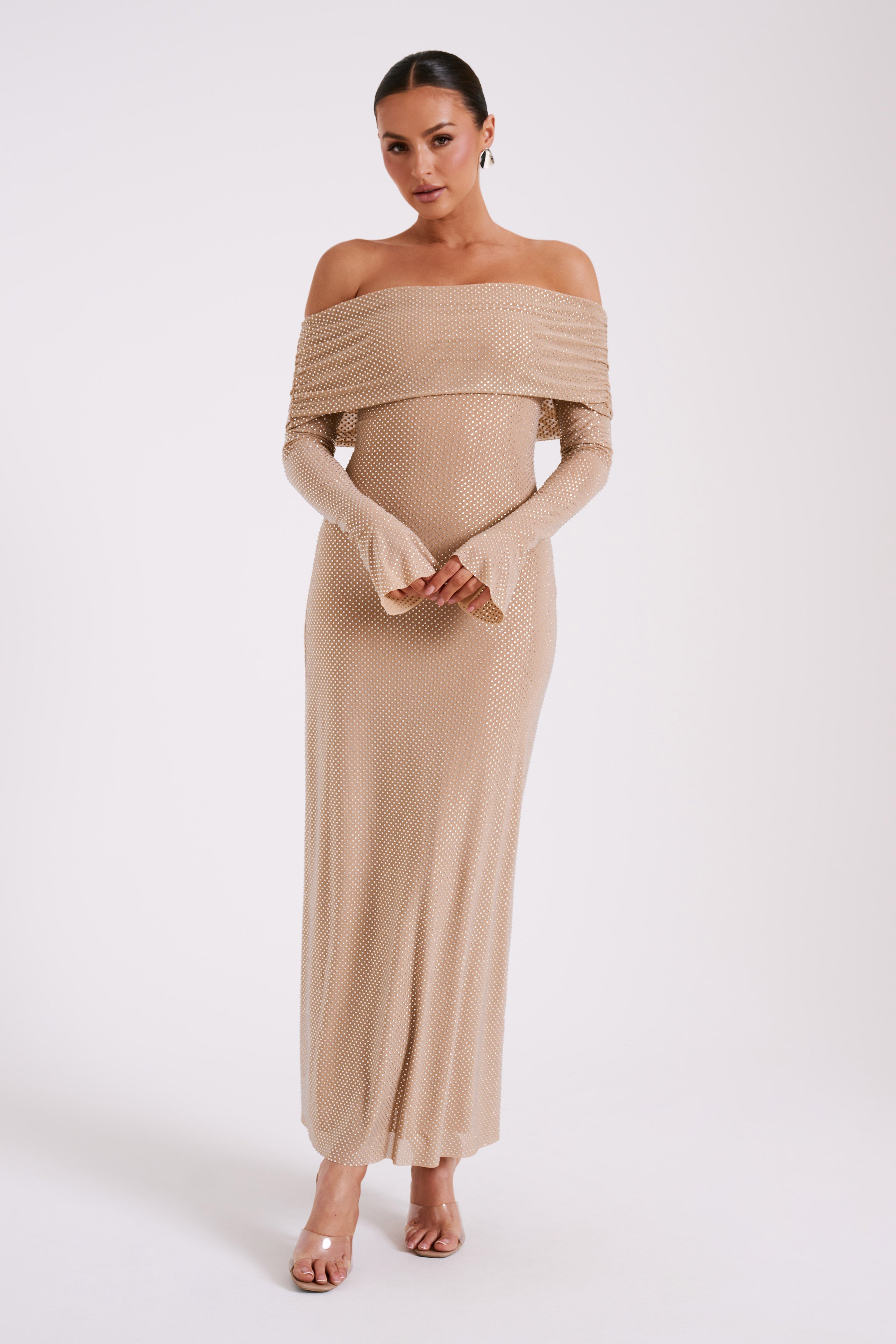 Marcel Off Shoulder Diamante Maxi Dress - Nude - Image 8