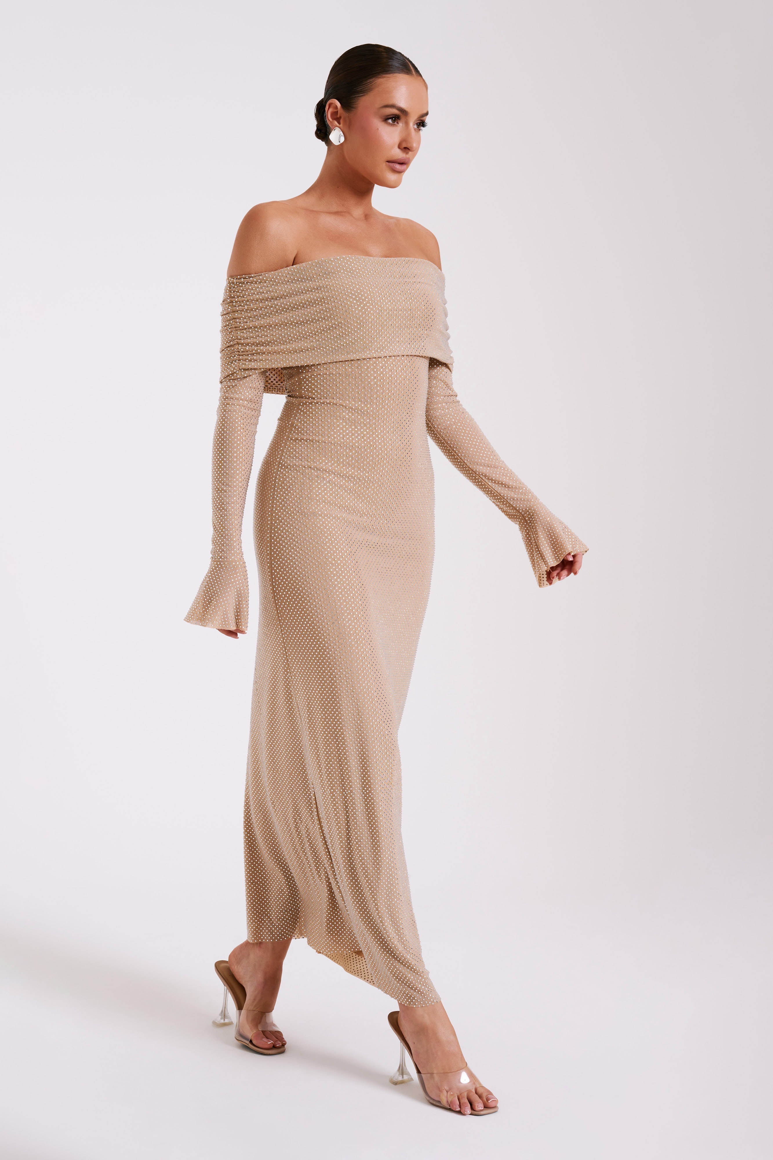 Marcel Off Shoulder Diamante Maxi Dress - Nude - Image 7