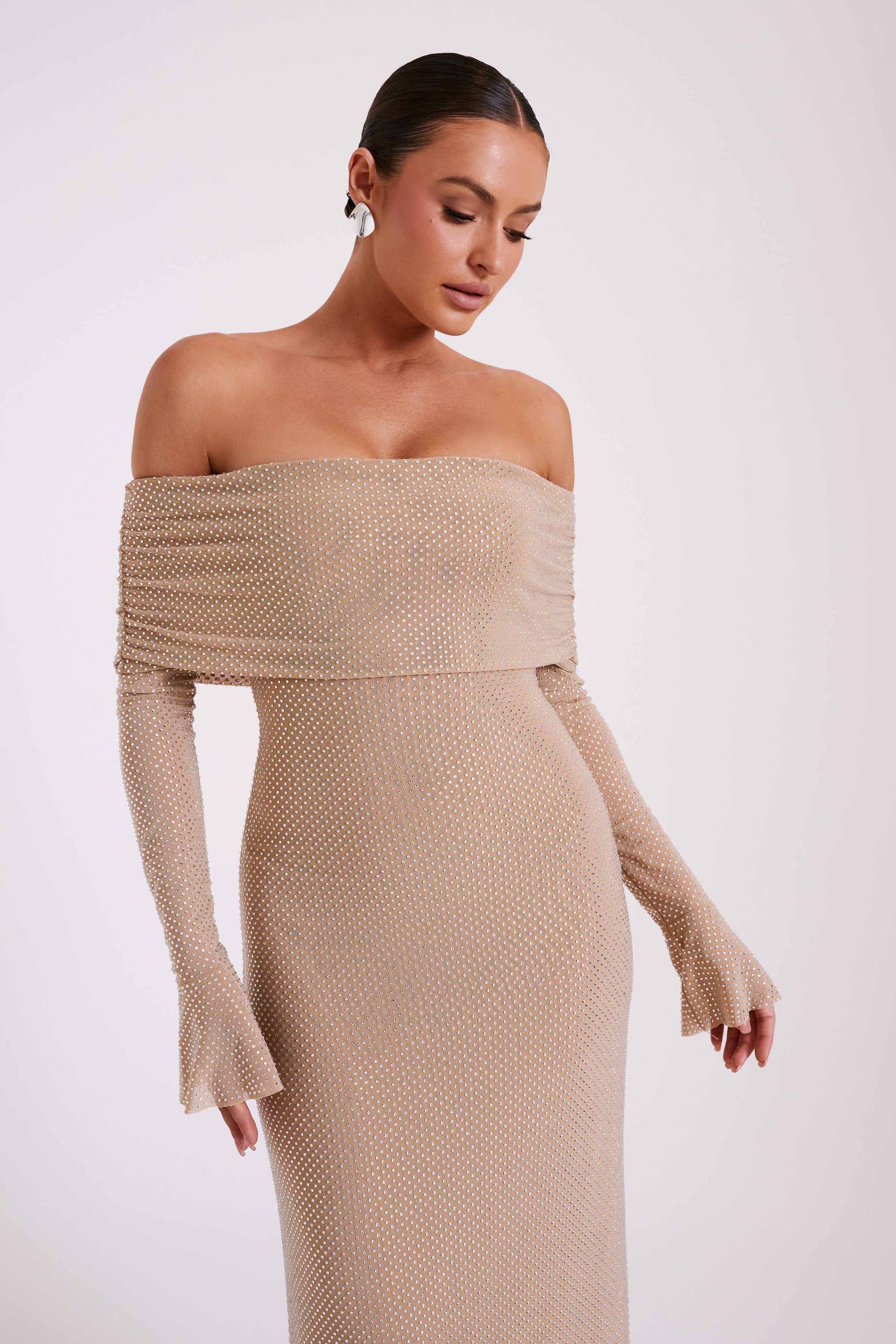 Marcel Off Shoulder Diamante Maxi Dress - Nude - Image 9