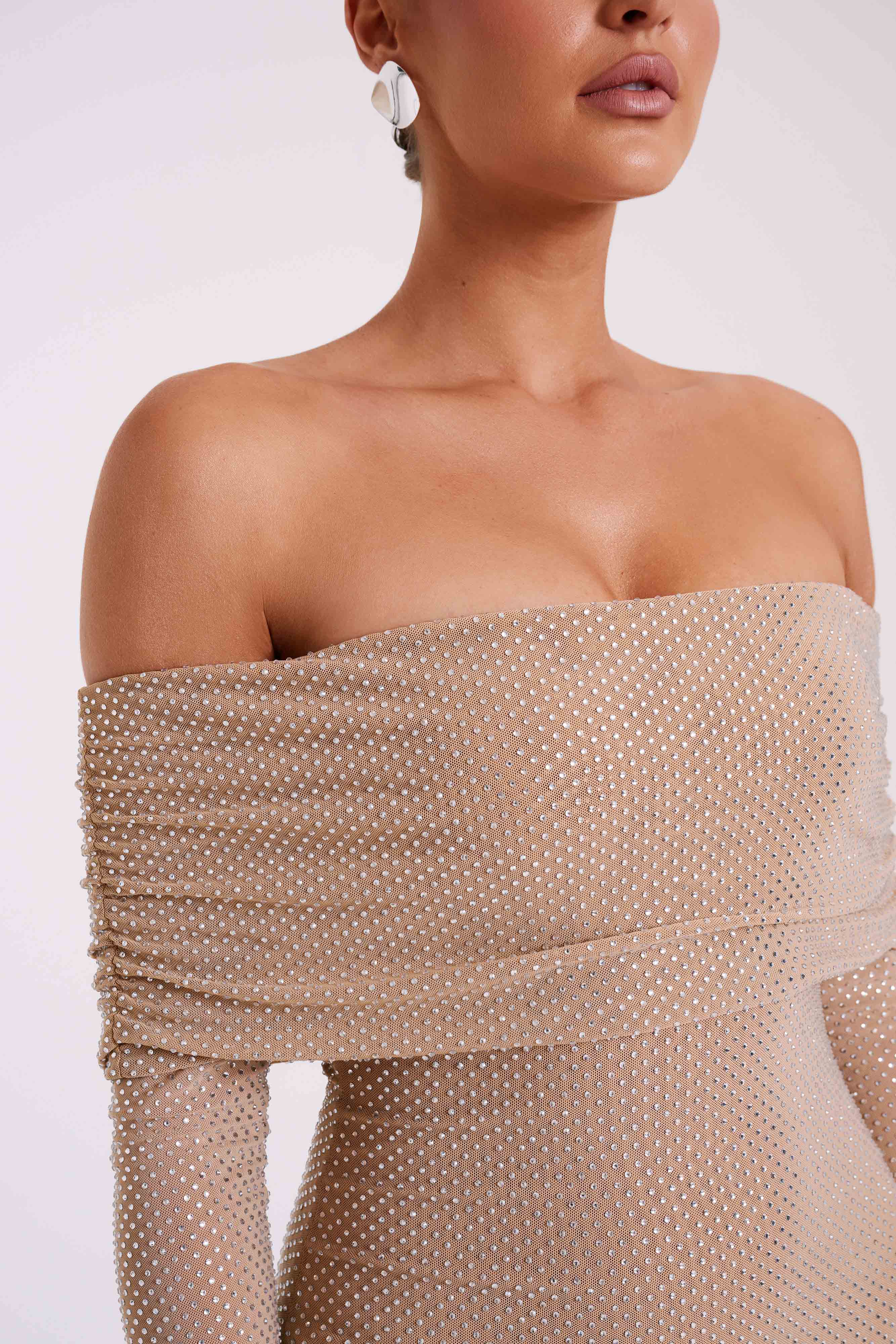 Marcel Off Shoulder Diamante Maxi Dress - Nude - Image 10