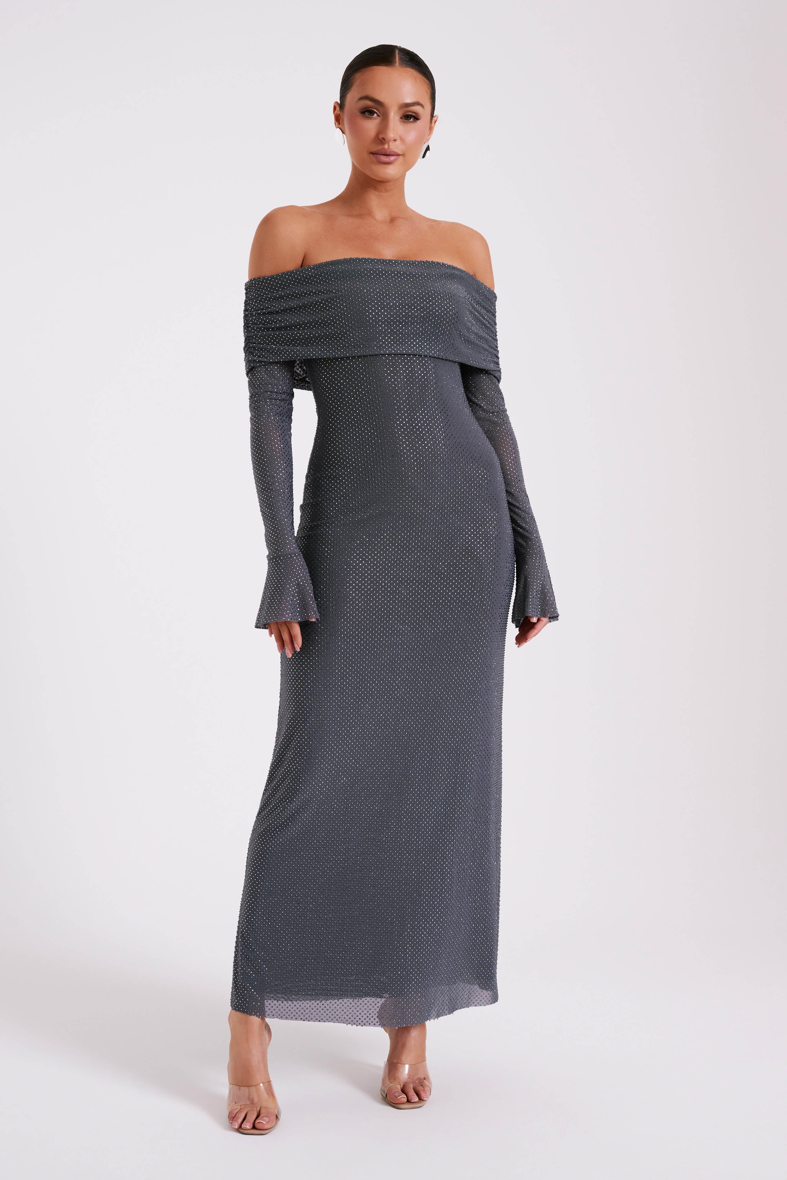 Marcel Off Shoulder Diamante Maxi Dress - Gunmetal - Image 5