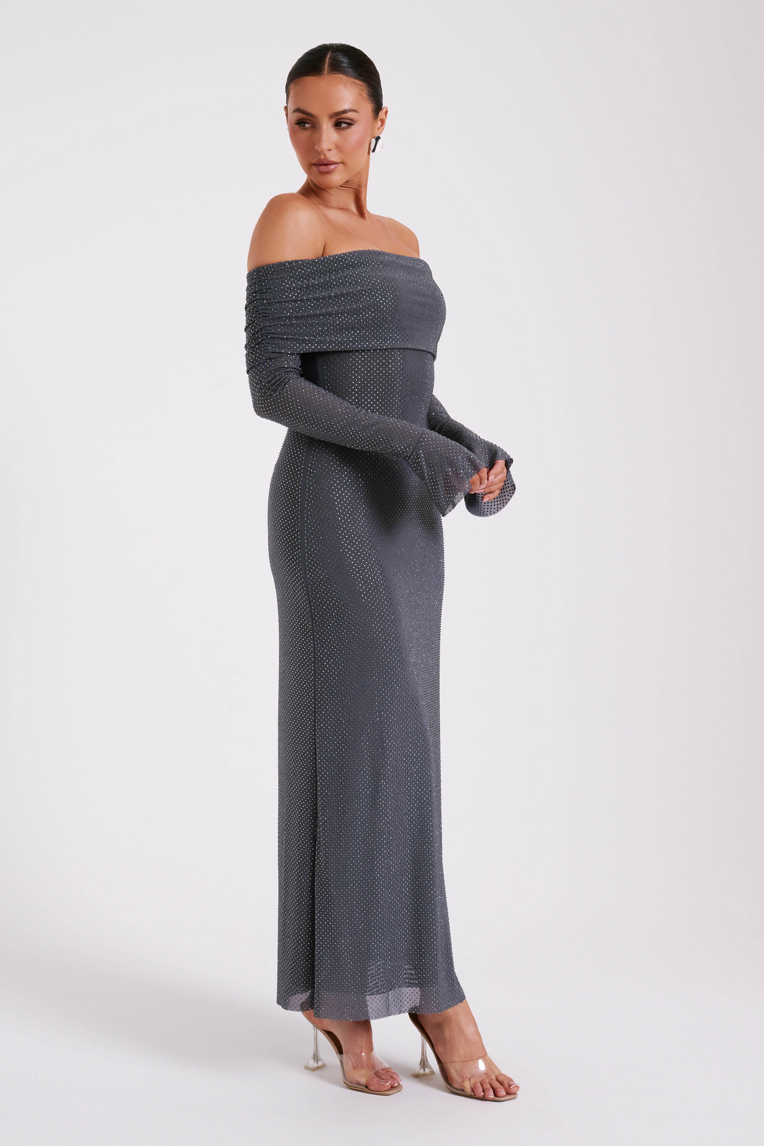 Marcel Off Shoulder Diamante Maxi Dress - Gunmetal - Image 8