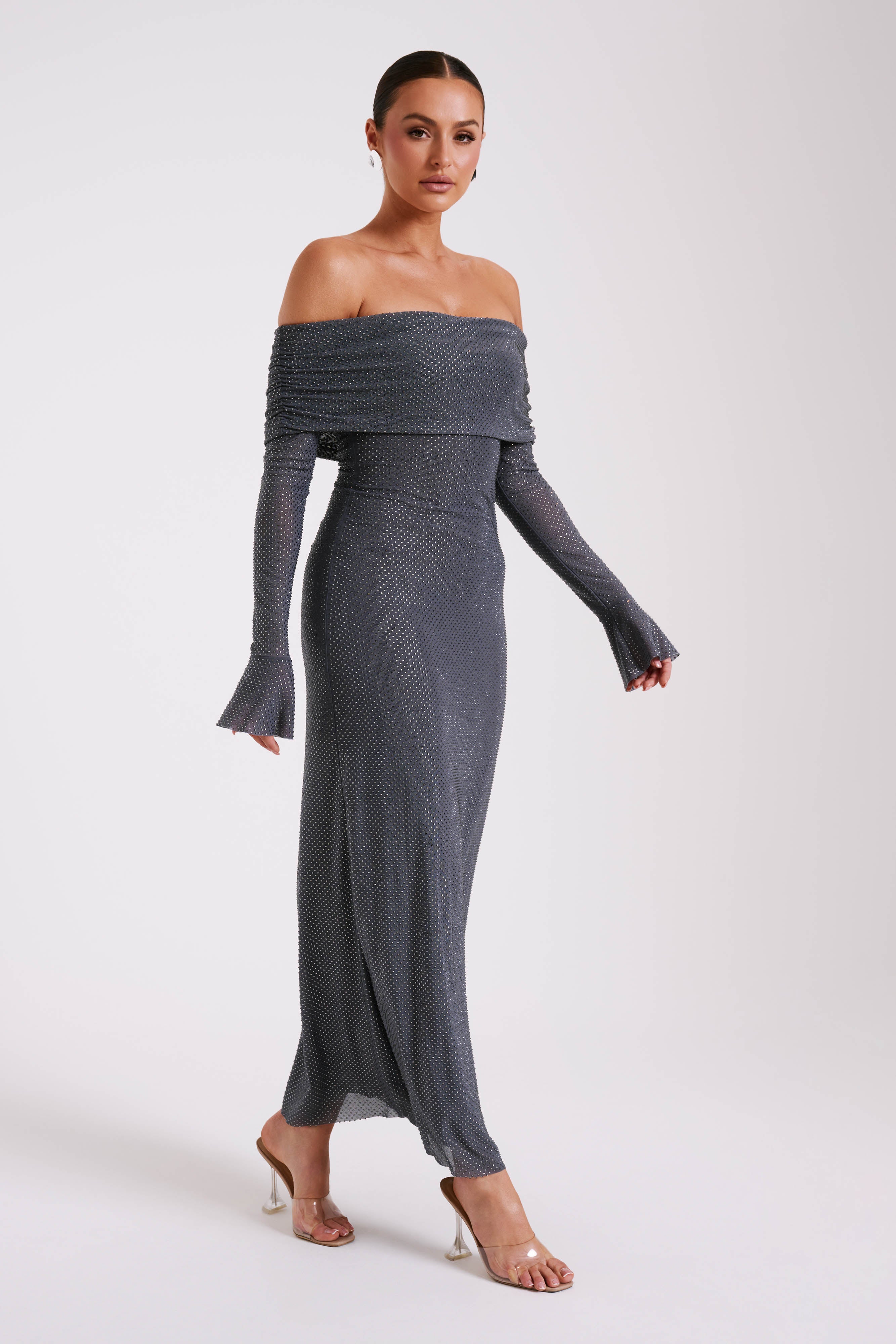 Marcel Off Shoulder Diamante Maxi Dress - Gunmetal - Image 7