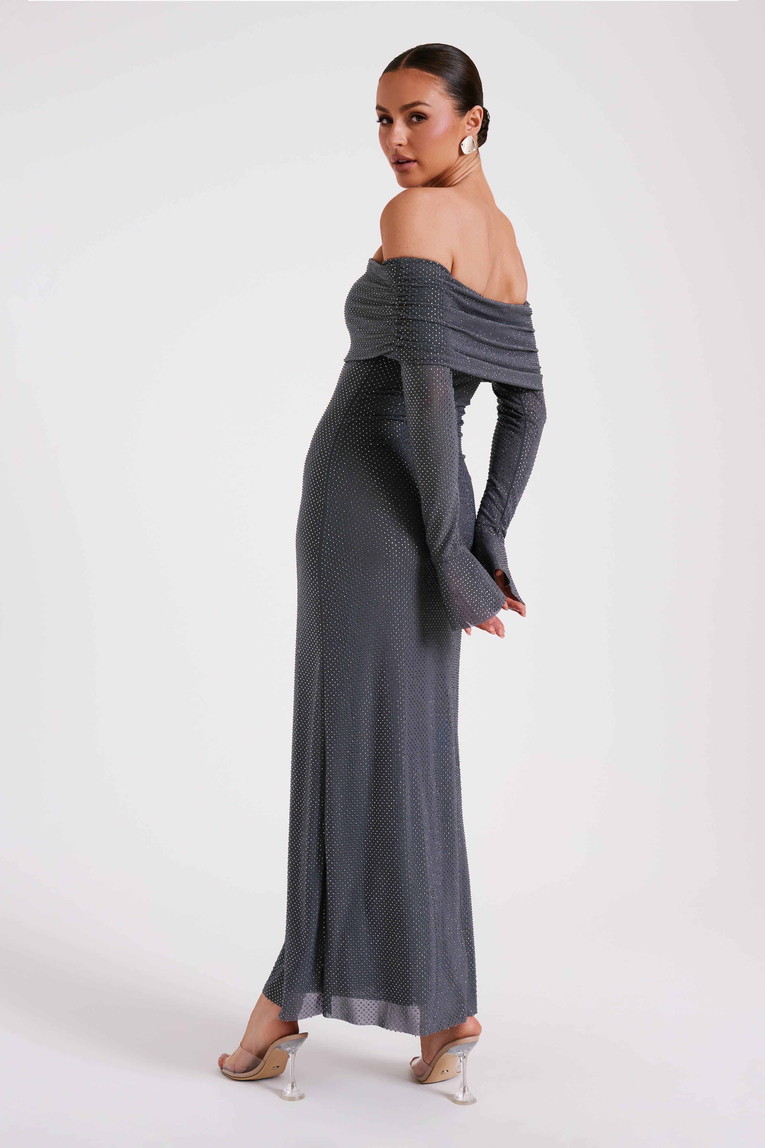 Marcel Off Shoulder Diamante Maxi Dress - Gunmetal - Image 6
