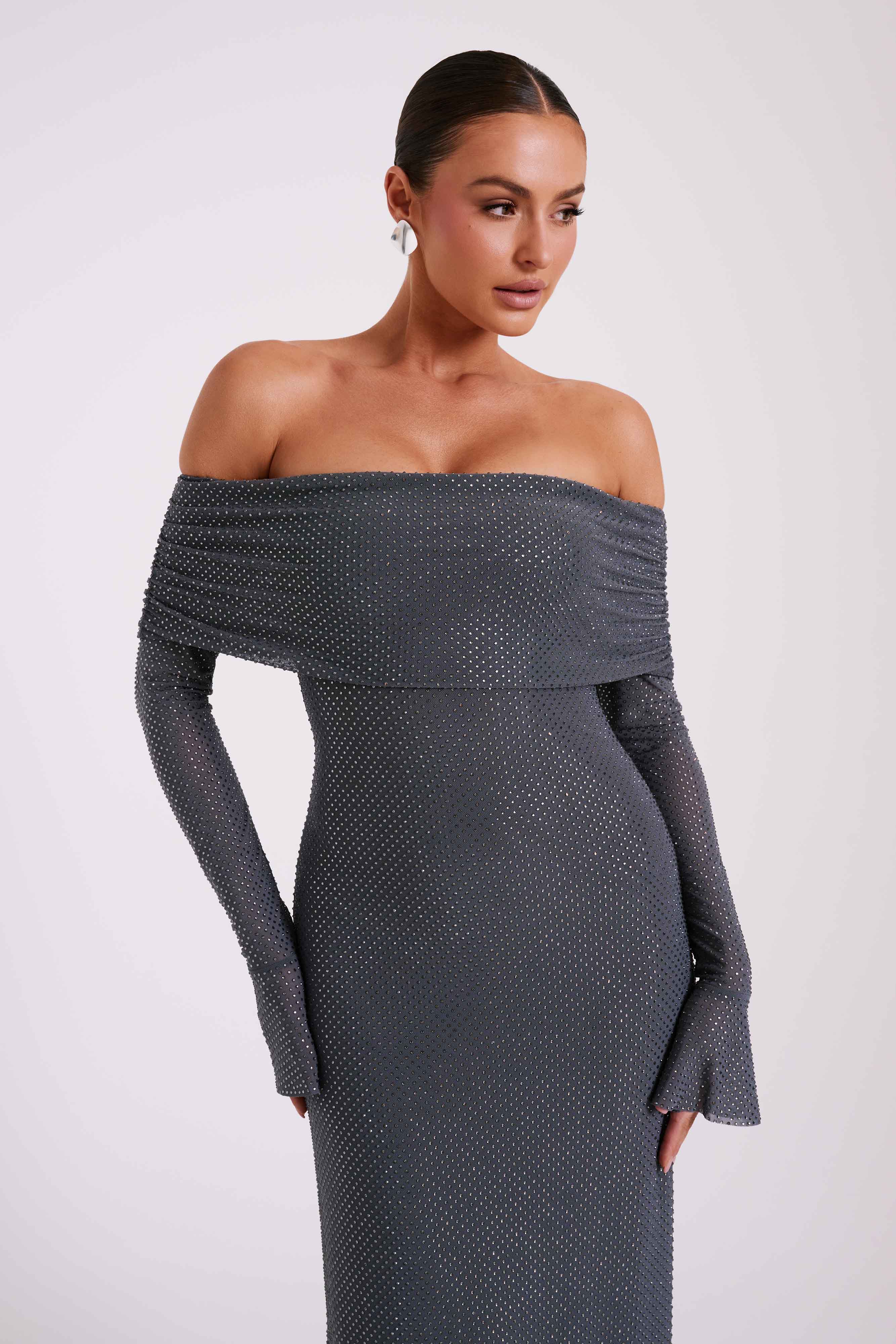 Marcel Off Shoulder Diamante Maxi Dress - Gunmetal - Image 9