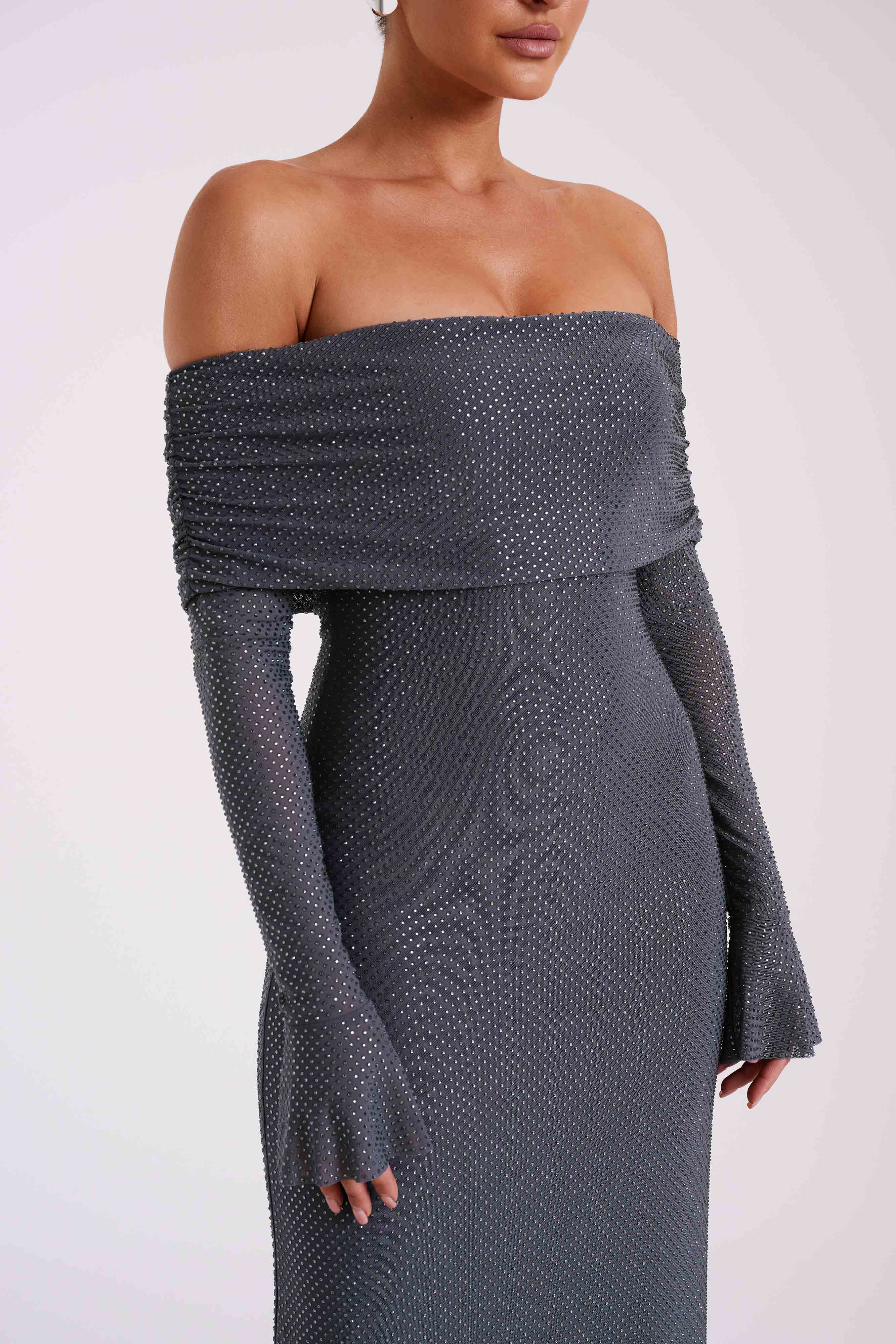 Marcel Off Shoulder Diamante Maxi Dress - Gunmetal - Image 10