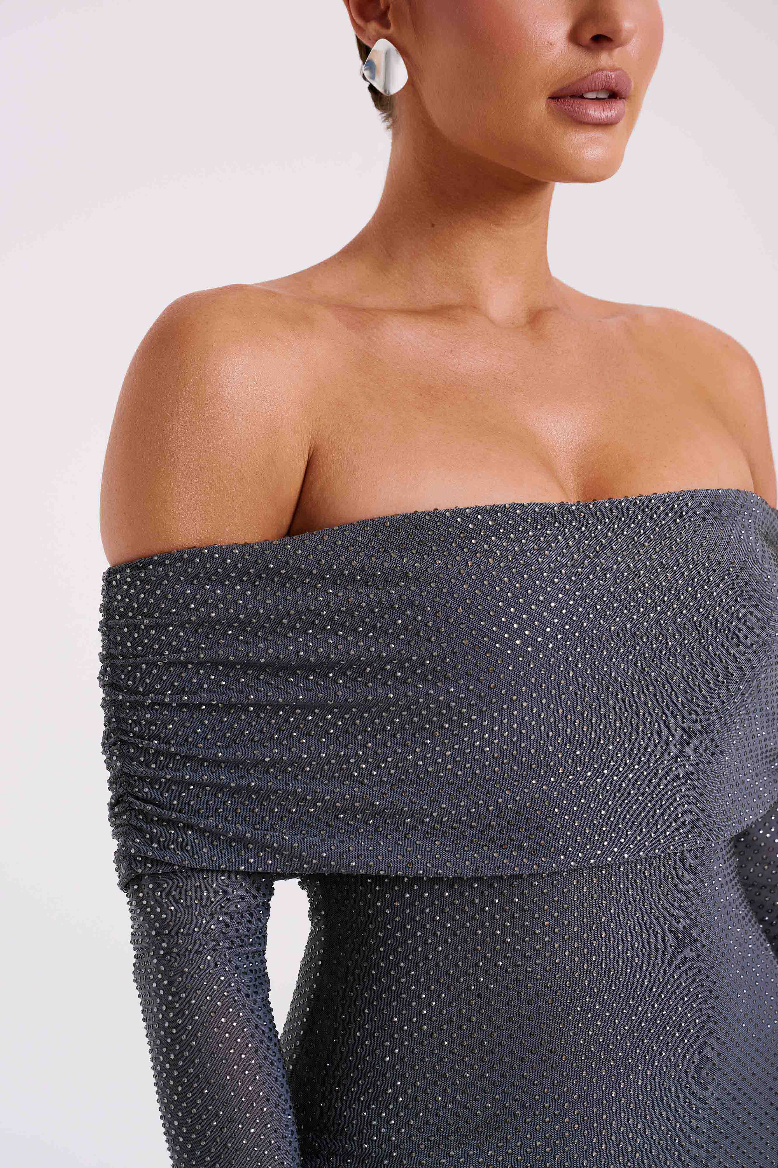 Marcel Off Shoulder Diamante Maxi Dress - Gunmetal - Image 11