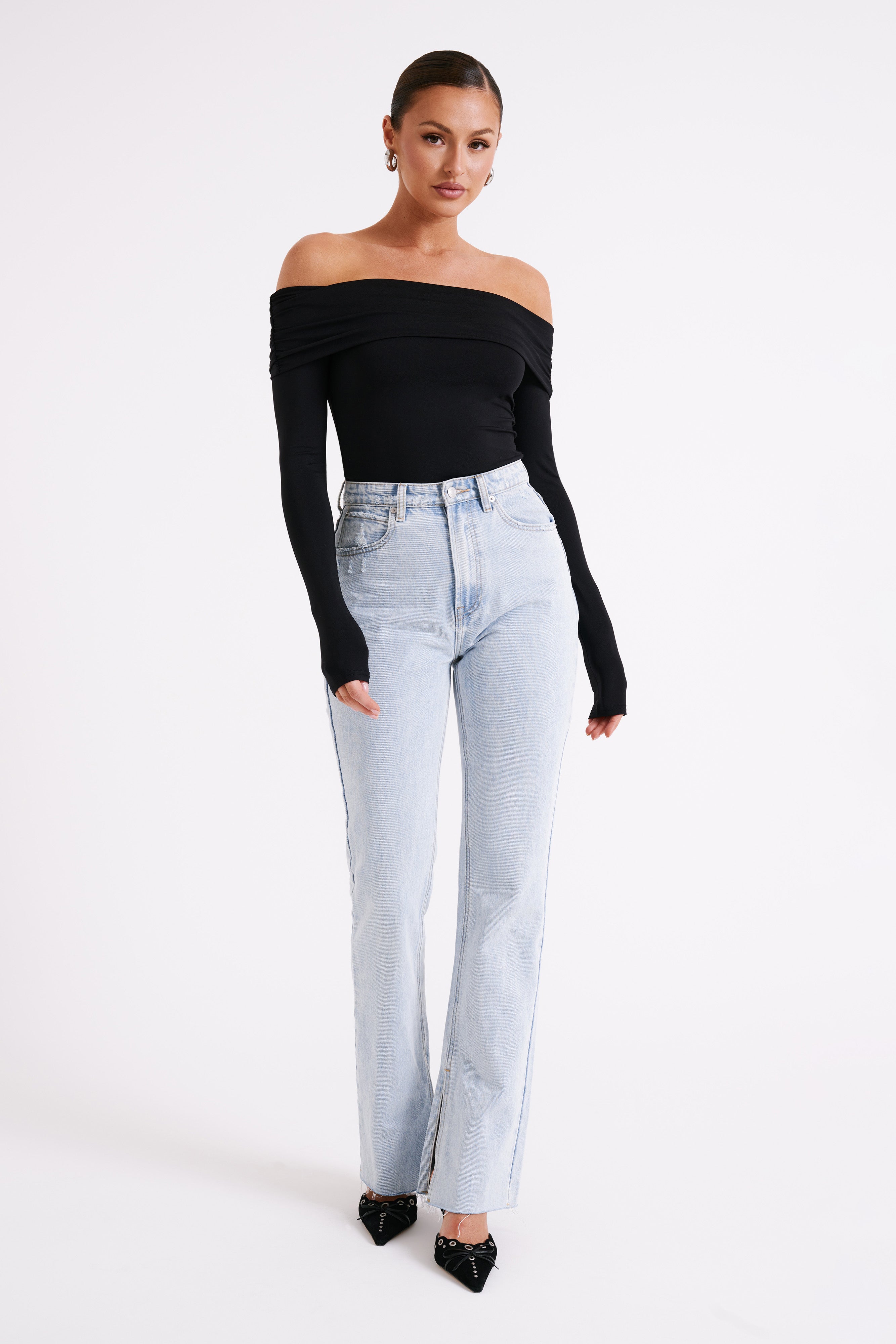 Lucinda Recycled Nylon Off Shoulder Top - Black - Image 3