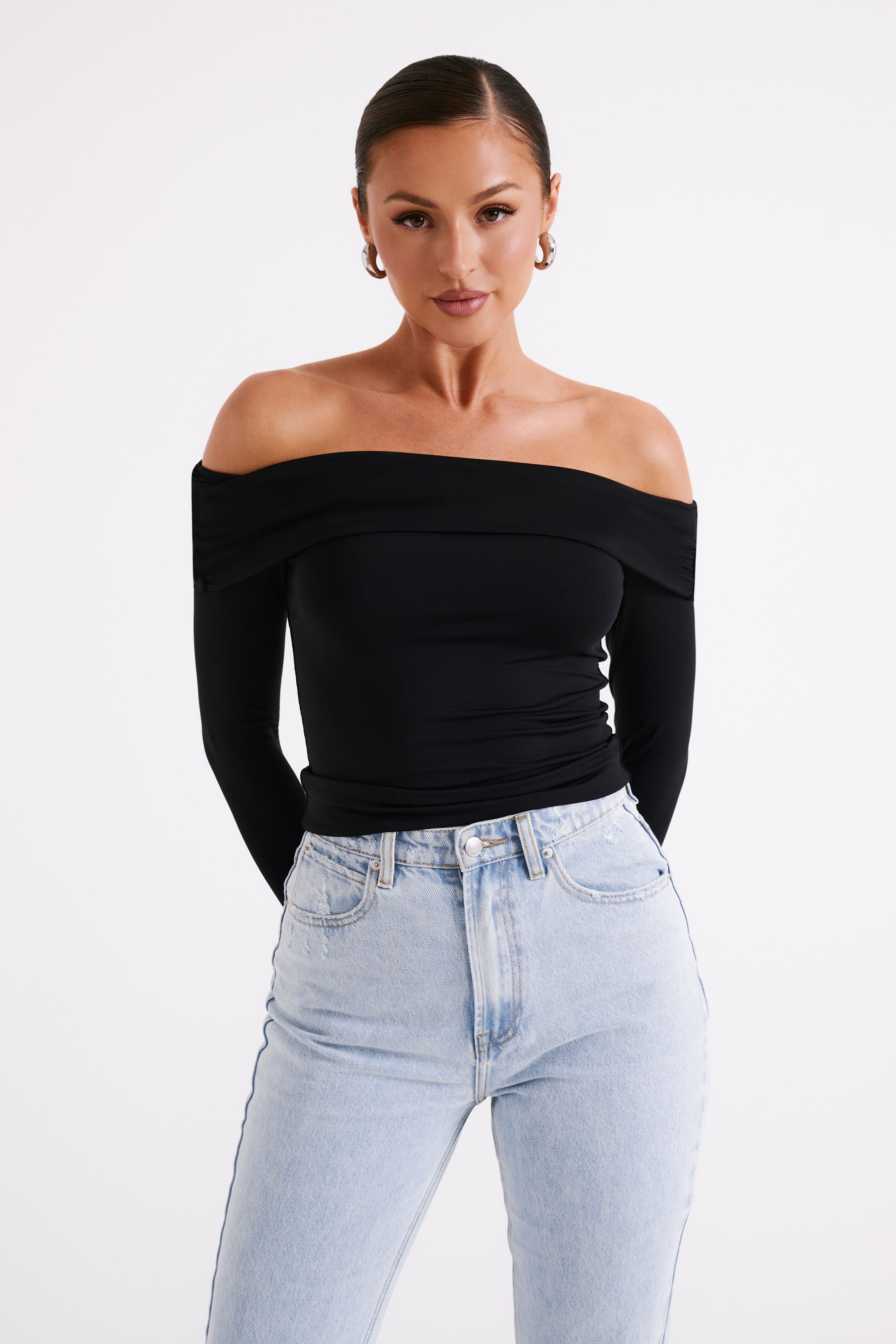 Lucinda Recycled Nylon Off Shoulder Top - Black - Image 5