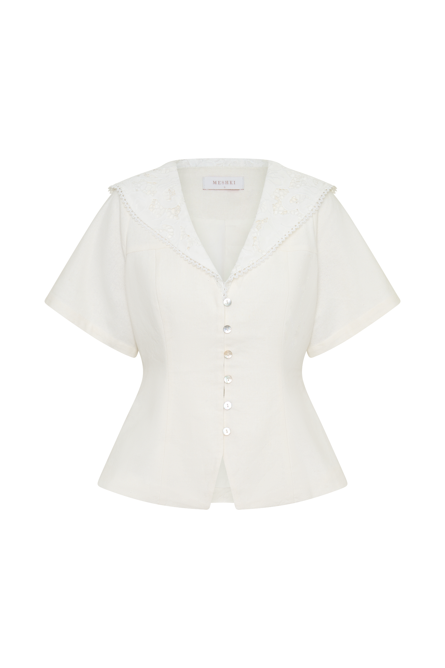 Melody Short Sleeve Shirt With Lace Collar - White - Image 11