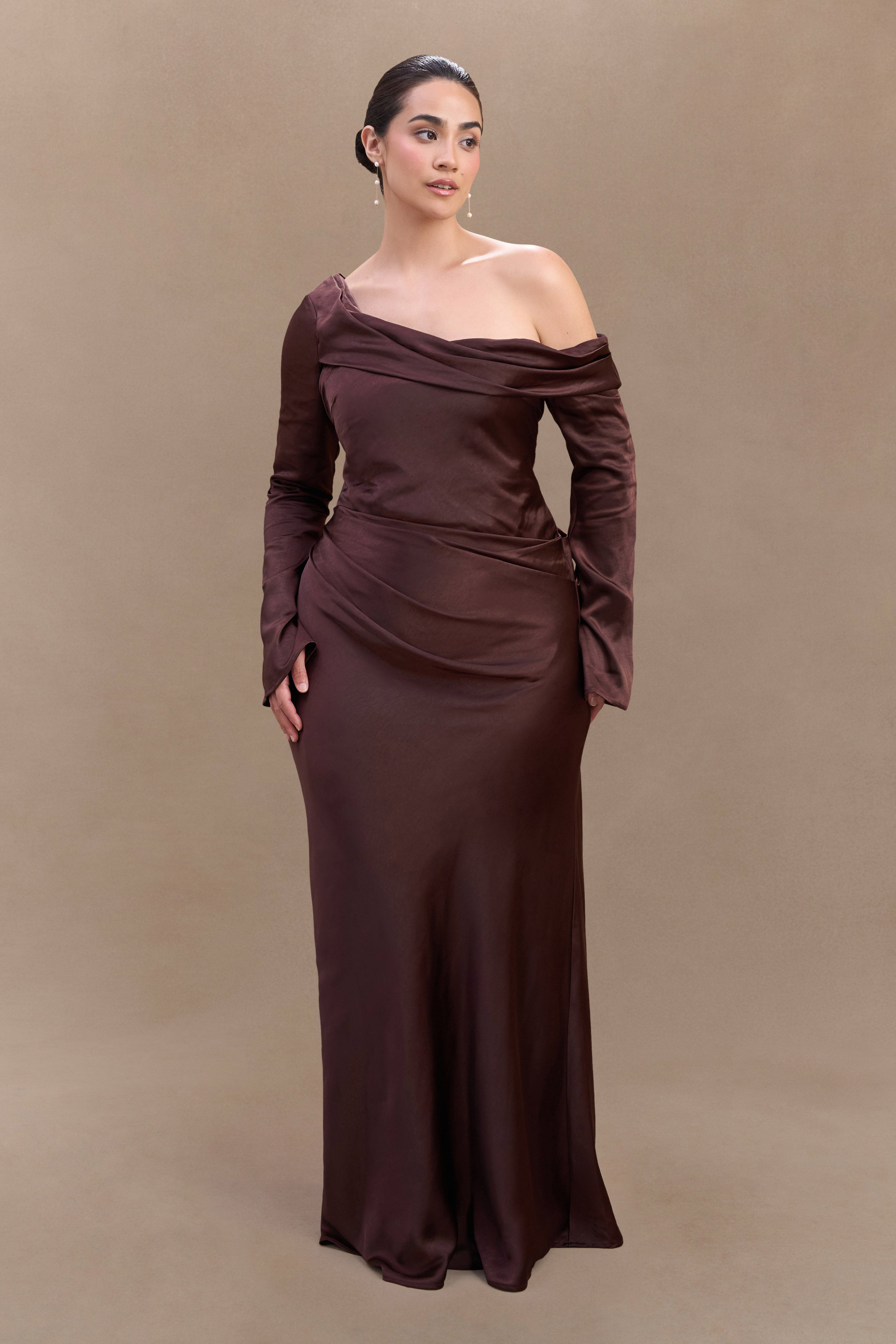 Iris Long Sleeve Satin Maxi Dress - Dark Chocolate - Image 4