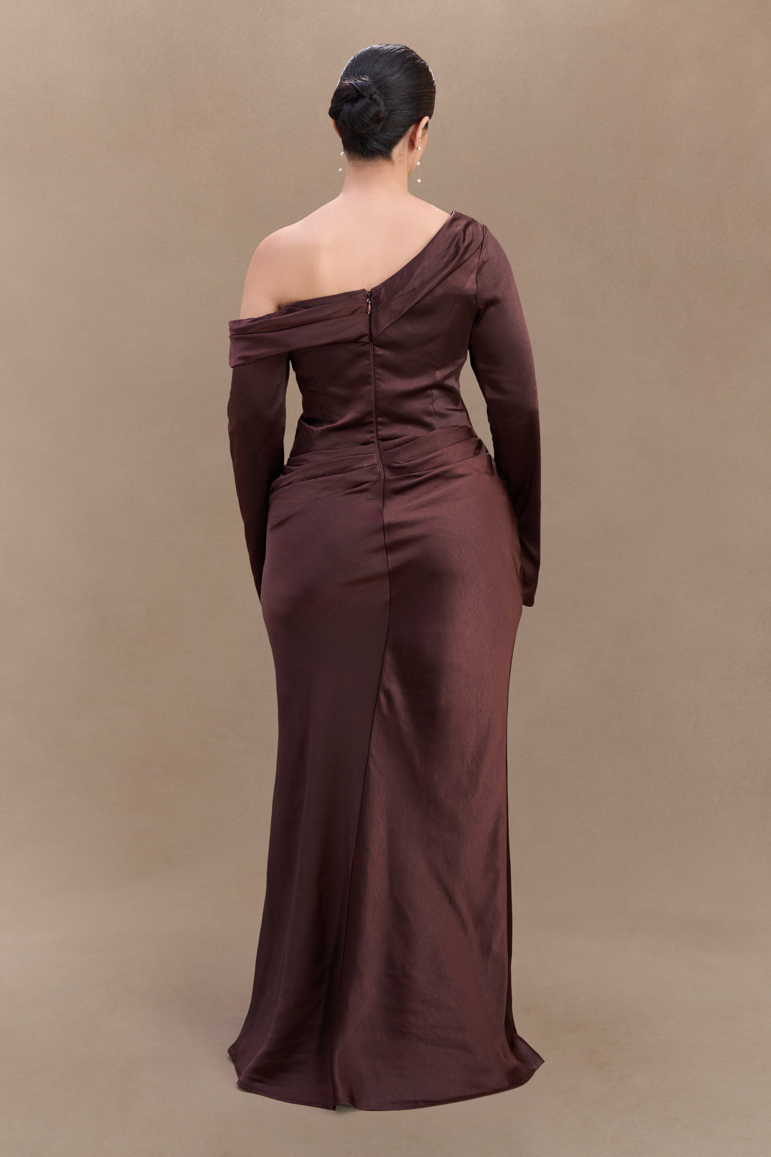 Iris Long Sleeve Satin Maxi Dress - Dark Chocolate - Image 5