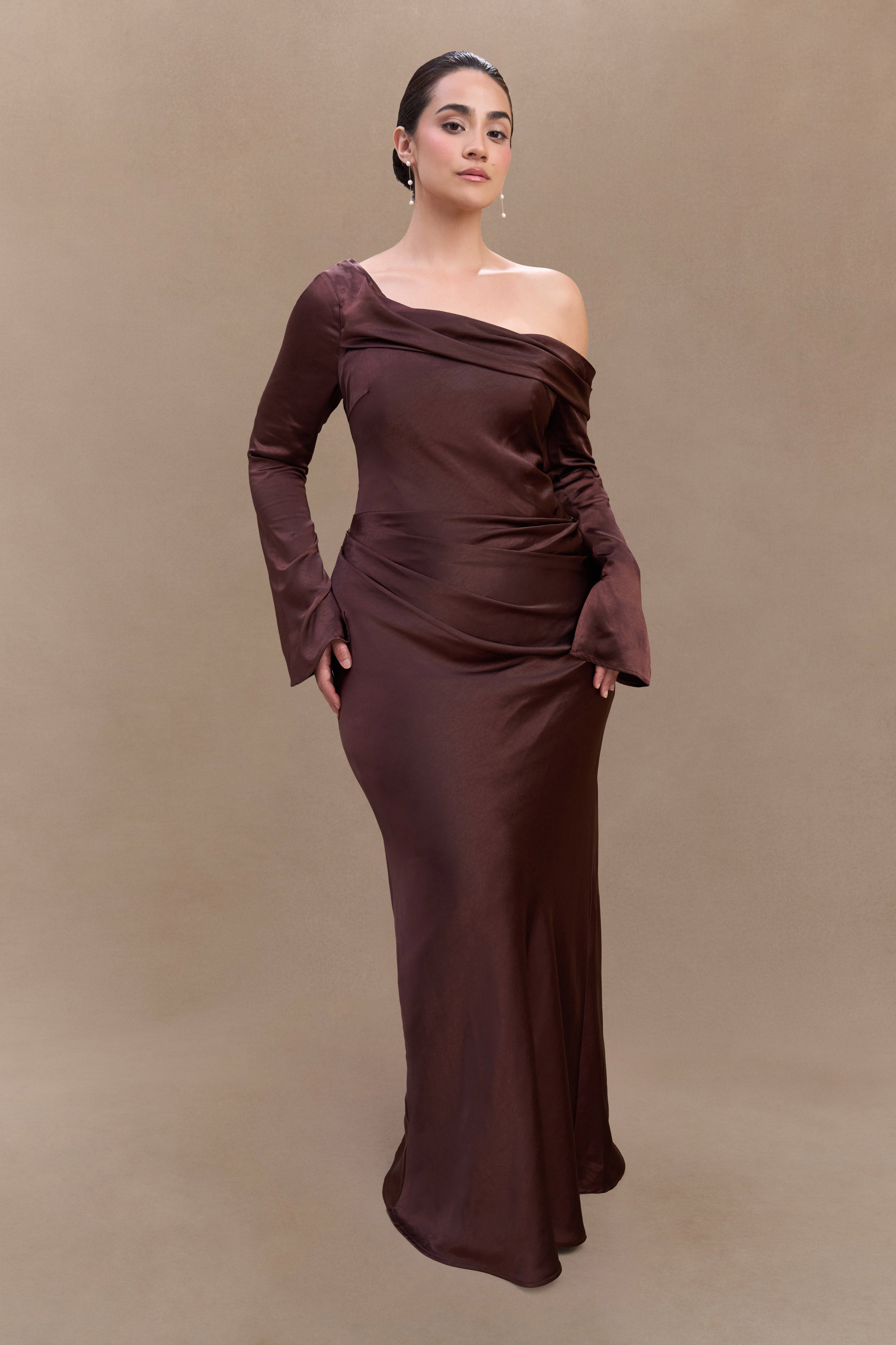 Iris Long Sleeve Satin Maxi Dress - Dark Chocolate - Image 6