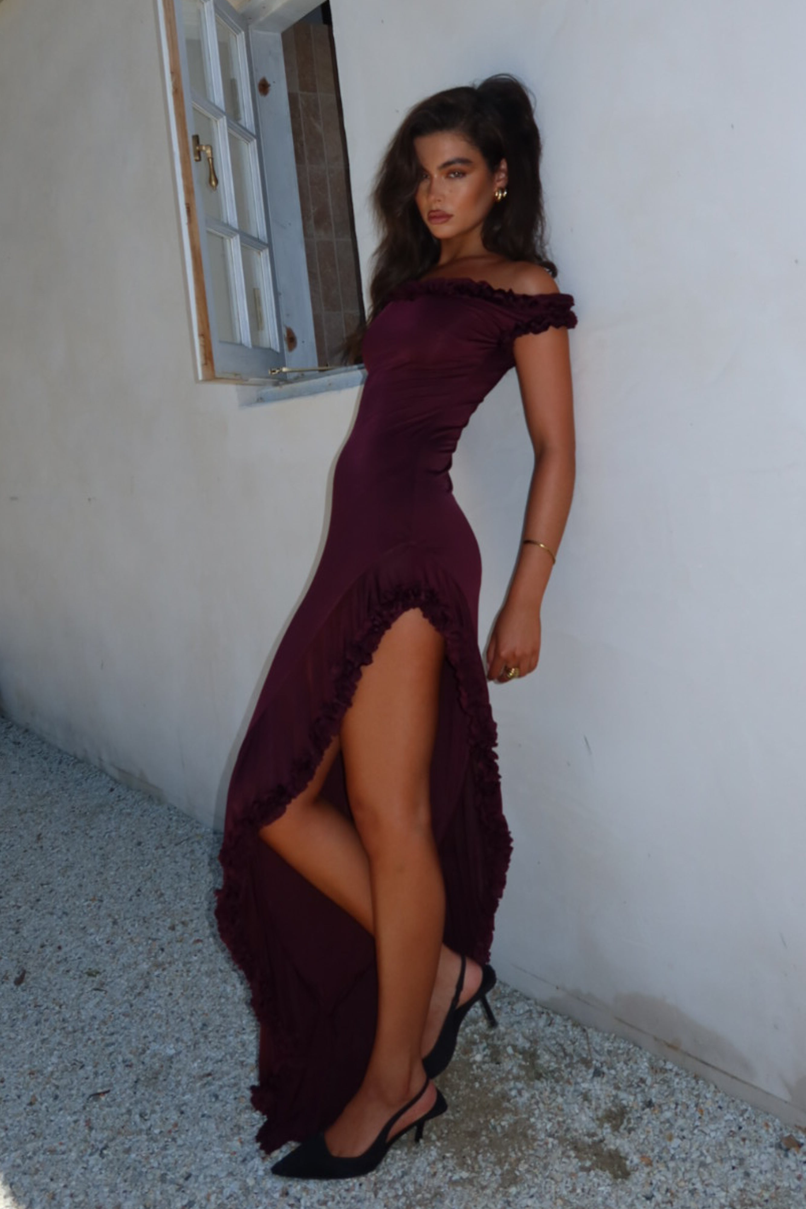 Arielle Off Shoulder Ruffle Midi Dress - Plum - Image 10