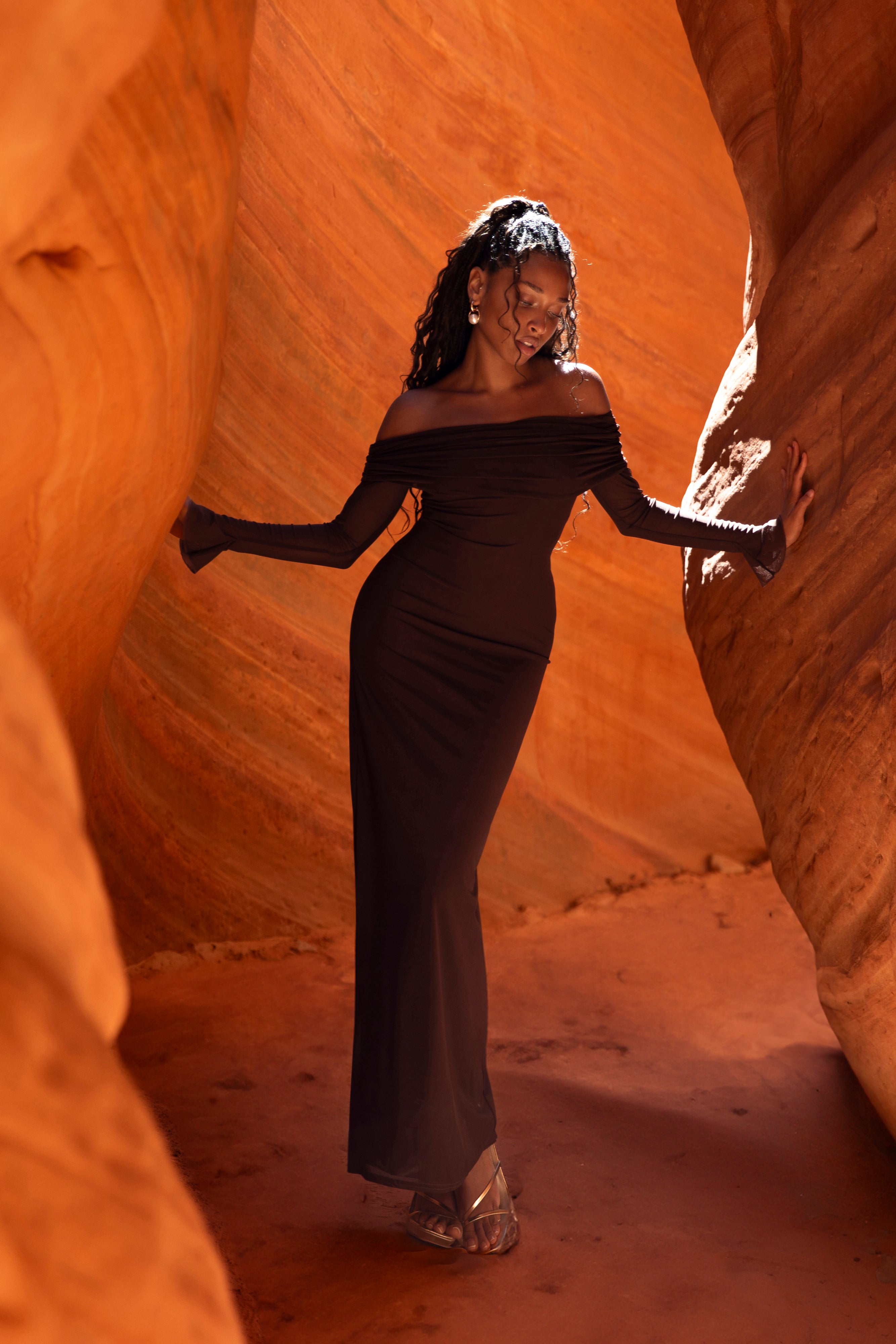 Josie Off Shoulder Mesh Maxi Dress - Dark Brown - Image 7