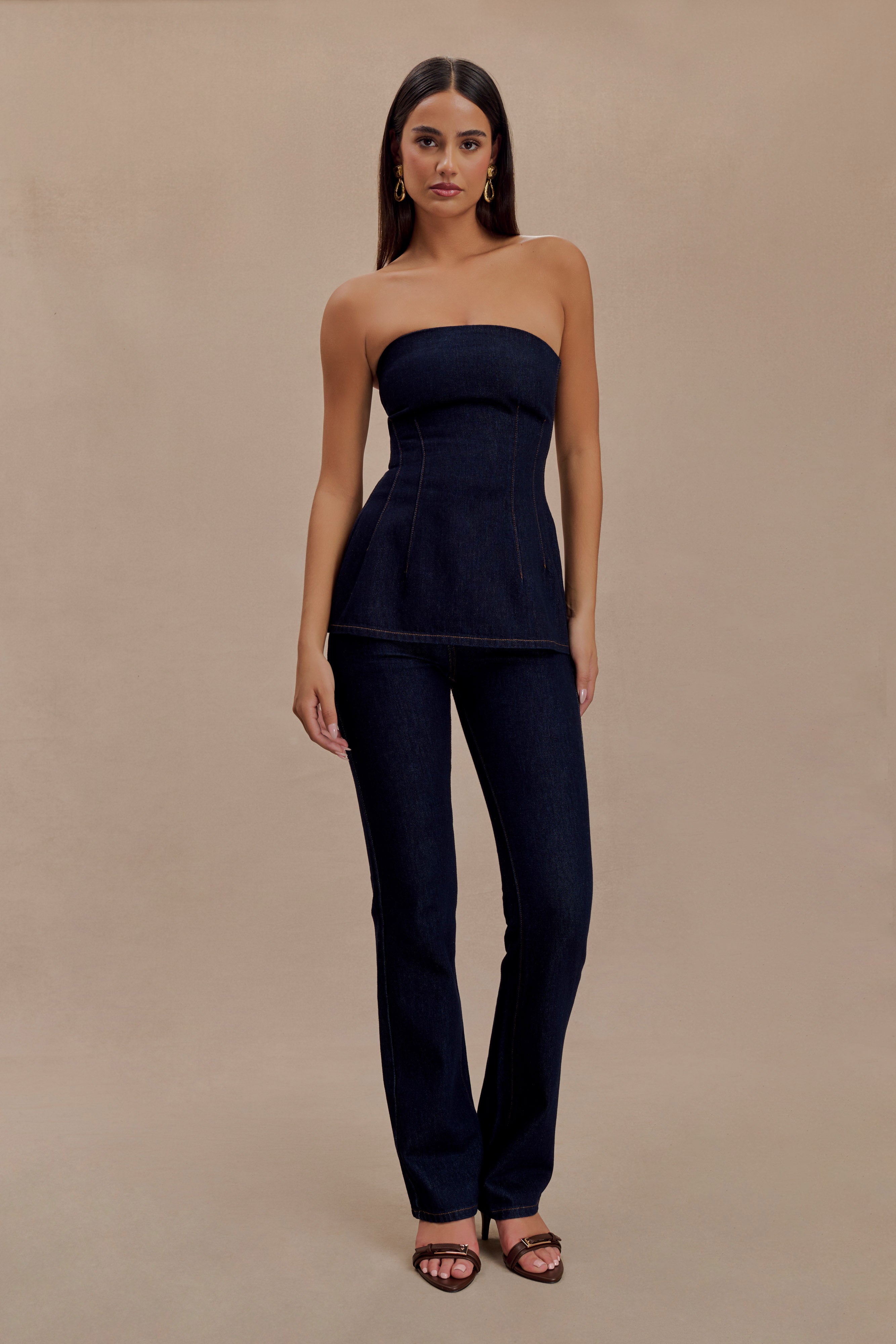 Madelyn Strapless Longline Denim Top - Indigo Blue - Image 5