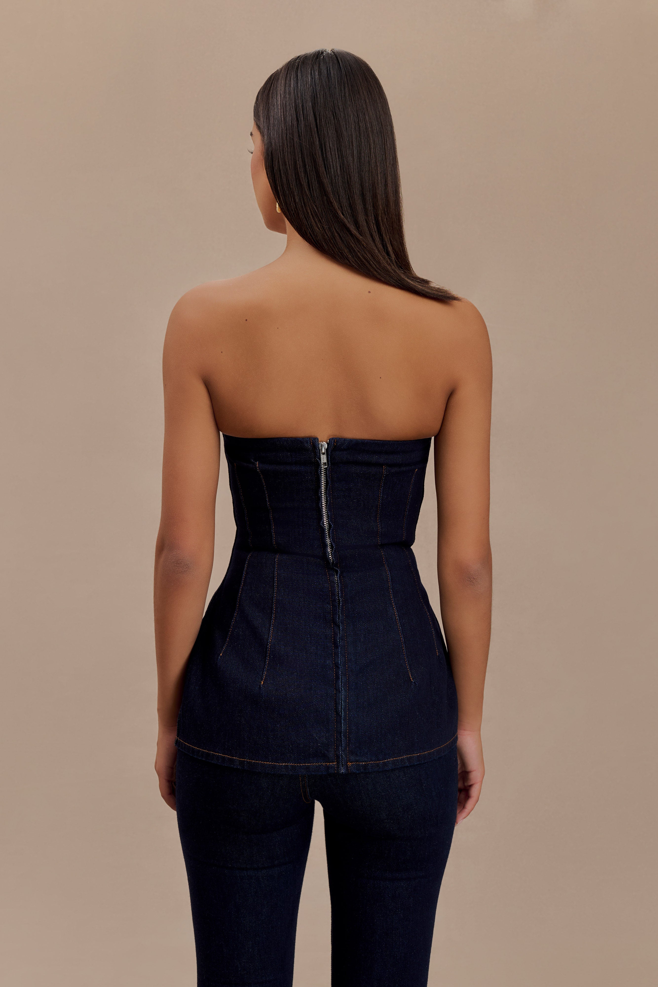 Madelyn Strapless Longline Denim Top - Indigo Blue - Image 2