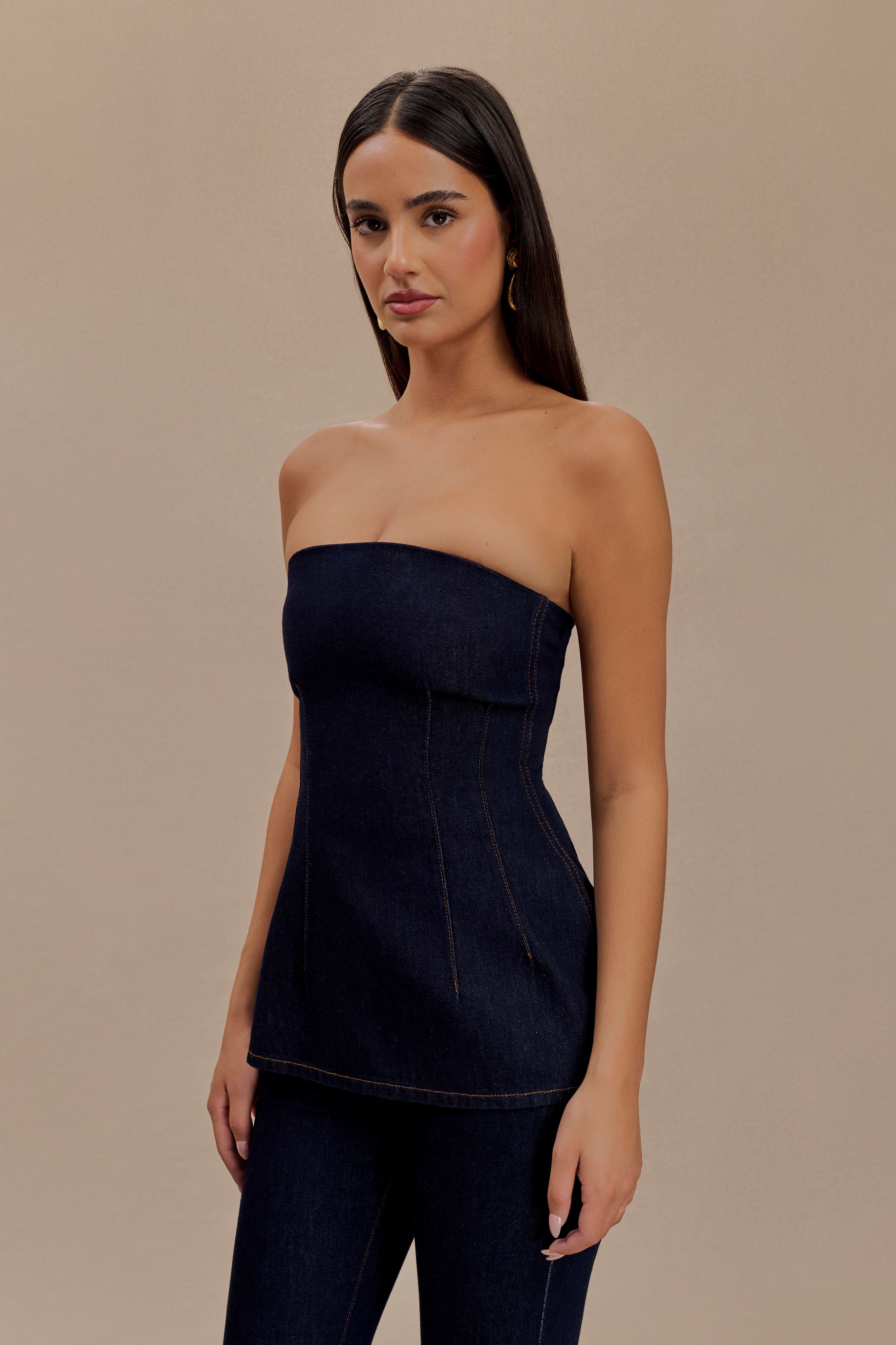 Madelyn Strapless Longline Denim Top - Indigo Blue - Image 3
