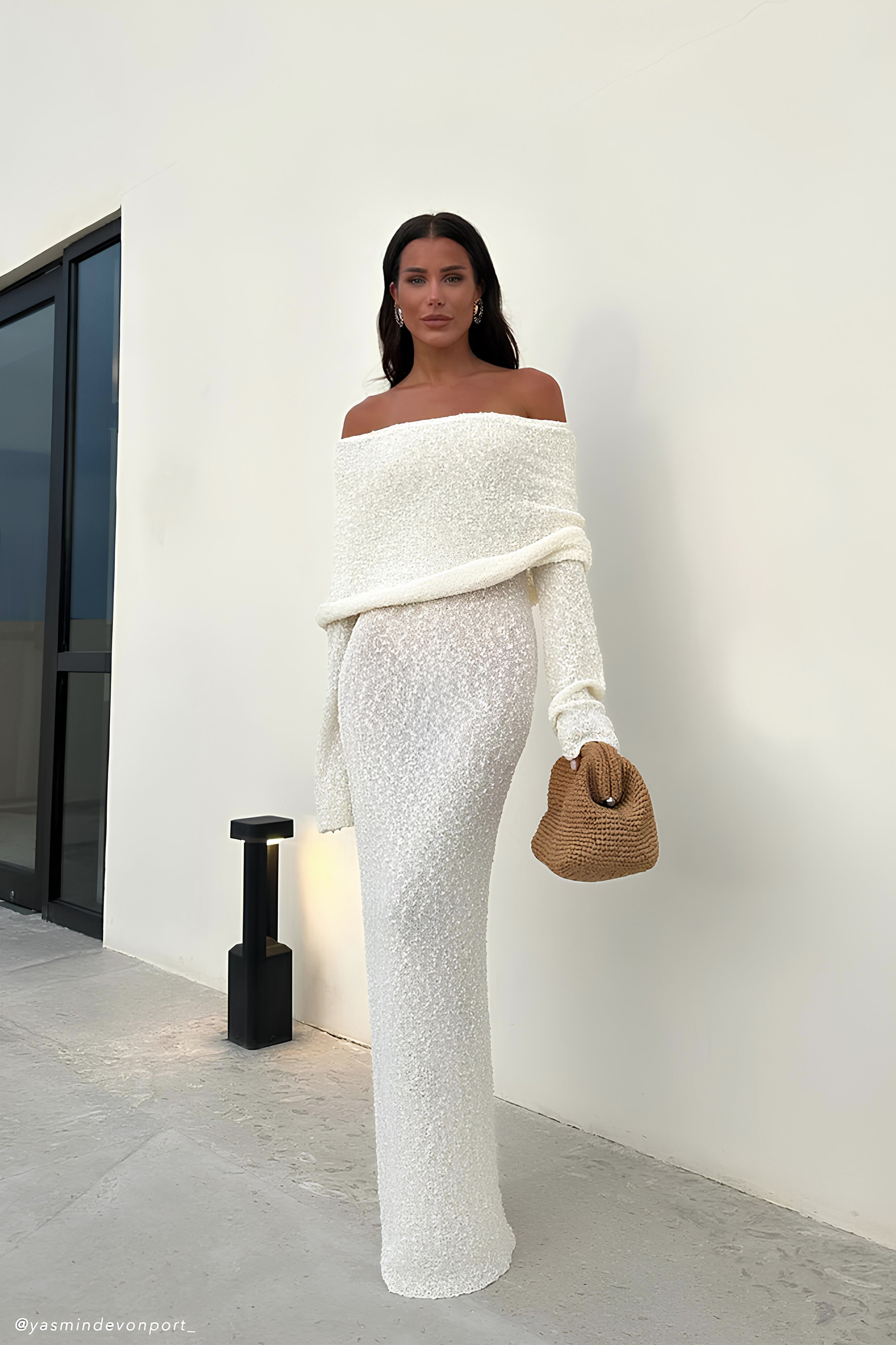 Marisol Off Shoulder Boucle Maxi Dress - Ivory - Image 6